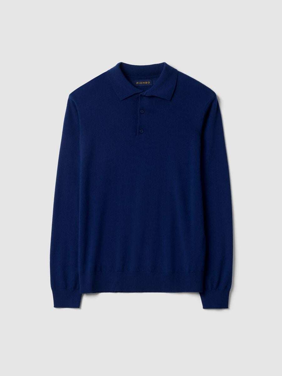 Maglia polo blu in pura lana merino con colletto polo_0