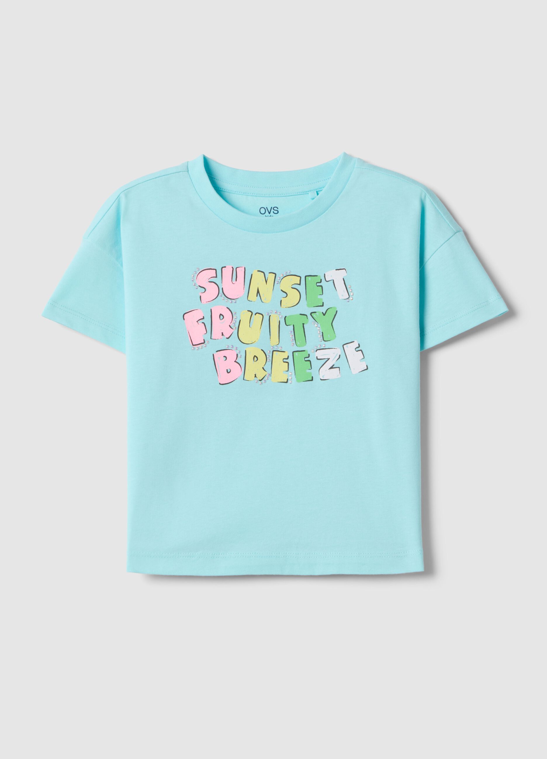 Girls' blue cotton t-shirt, regular fit with text