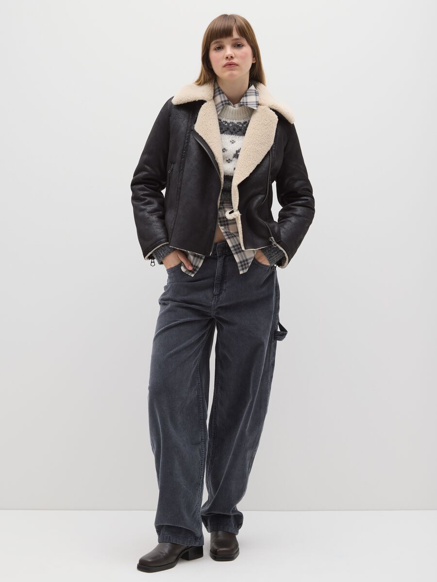 Black padded biker jacket, regular fit with zip_1