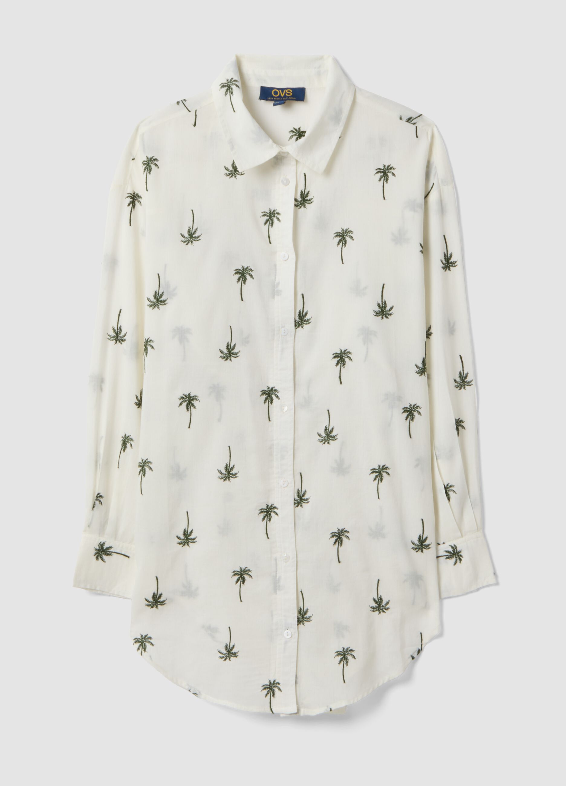 White pure organic cotton kaftan with palm print