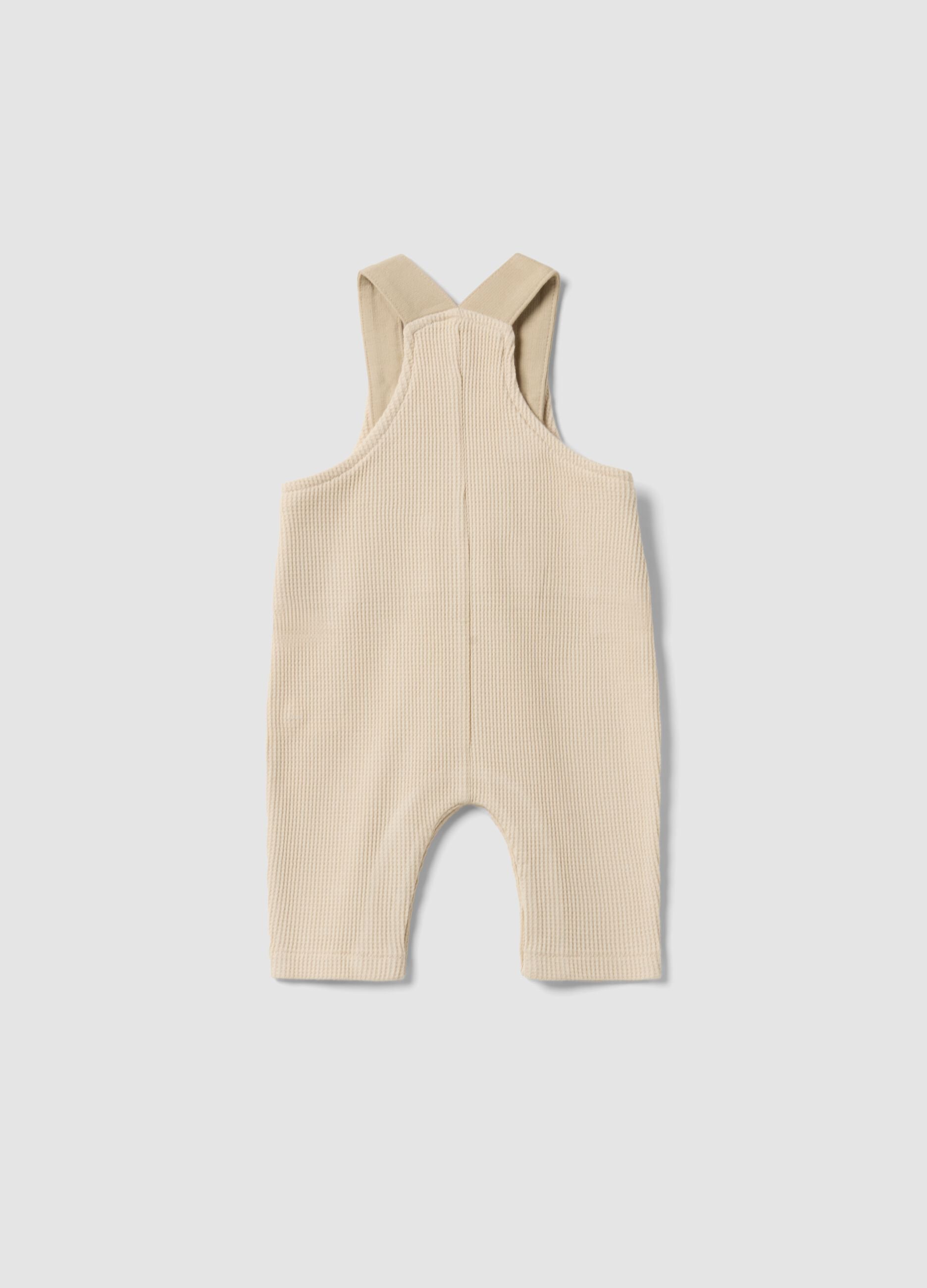 Beige pure cotton baby dungarees, regular fit with embroidery