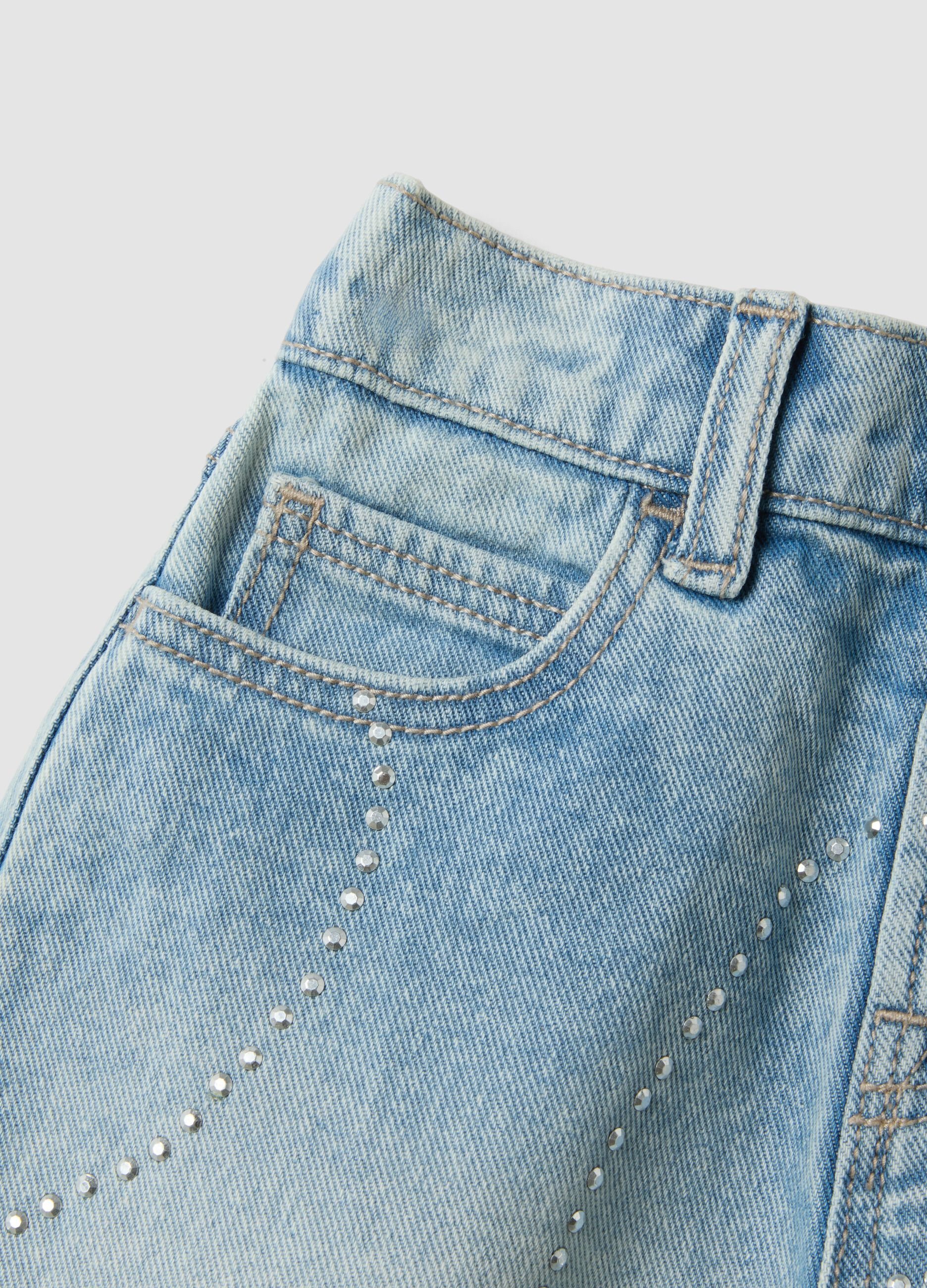 Light blue pure cotton denim shorts with rhinestones