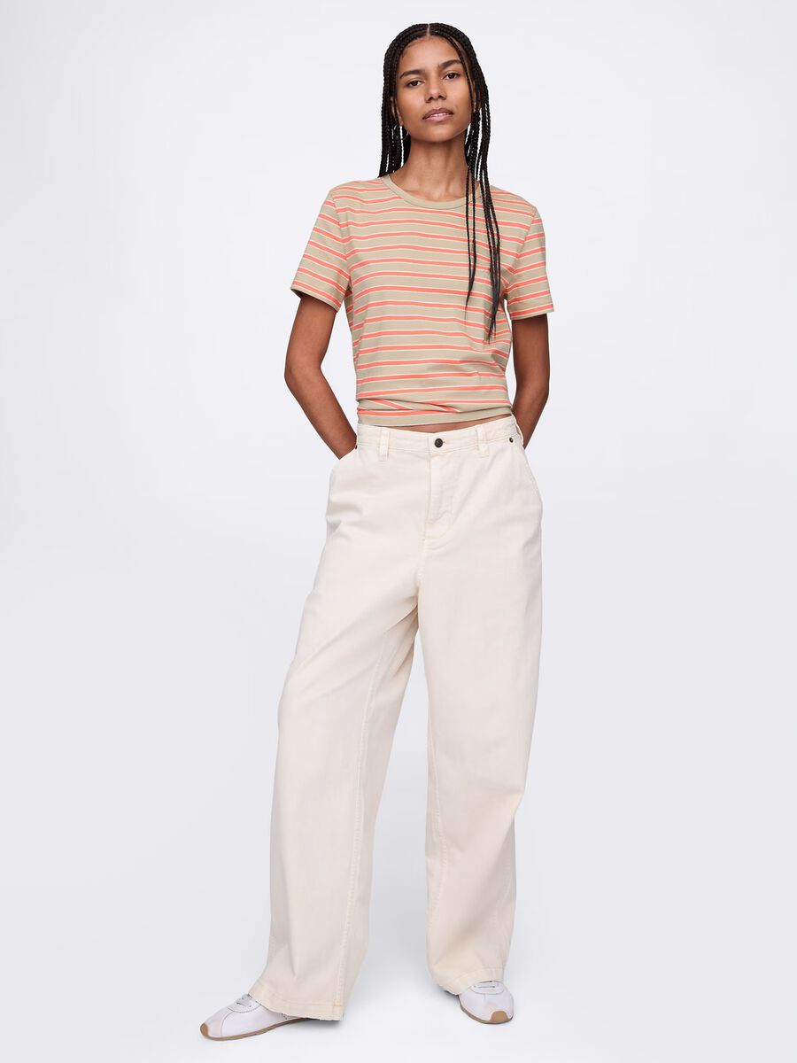 T-shirt a righe arancioni e beige in cotone_1
