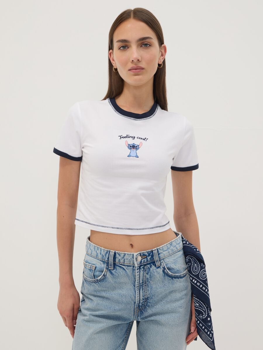 White stretch cotton T-shirt with Stitch print, regular fit_0