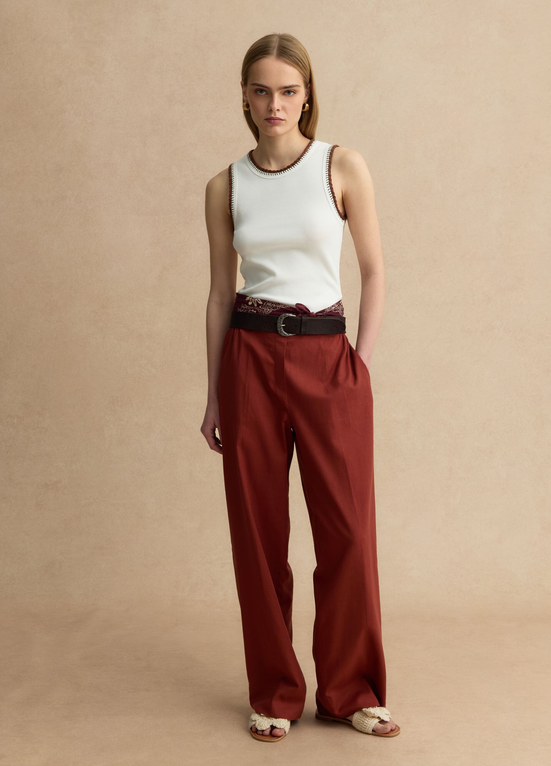 White Stretch Cotton Vest Regular Fit with Embroidered Edges