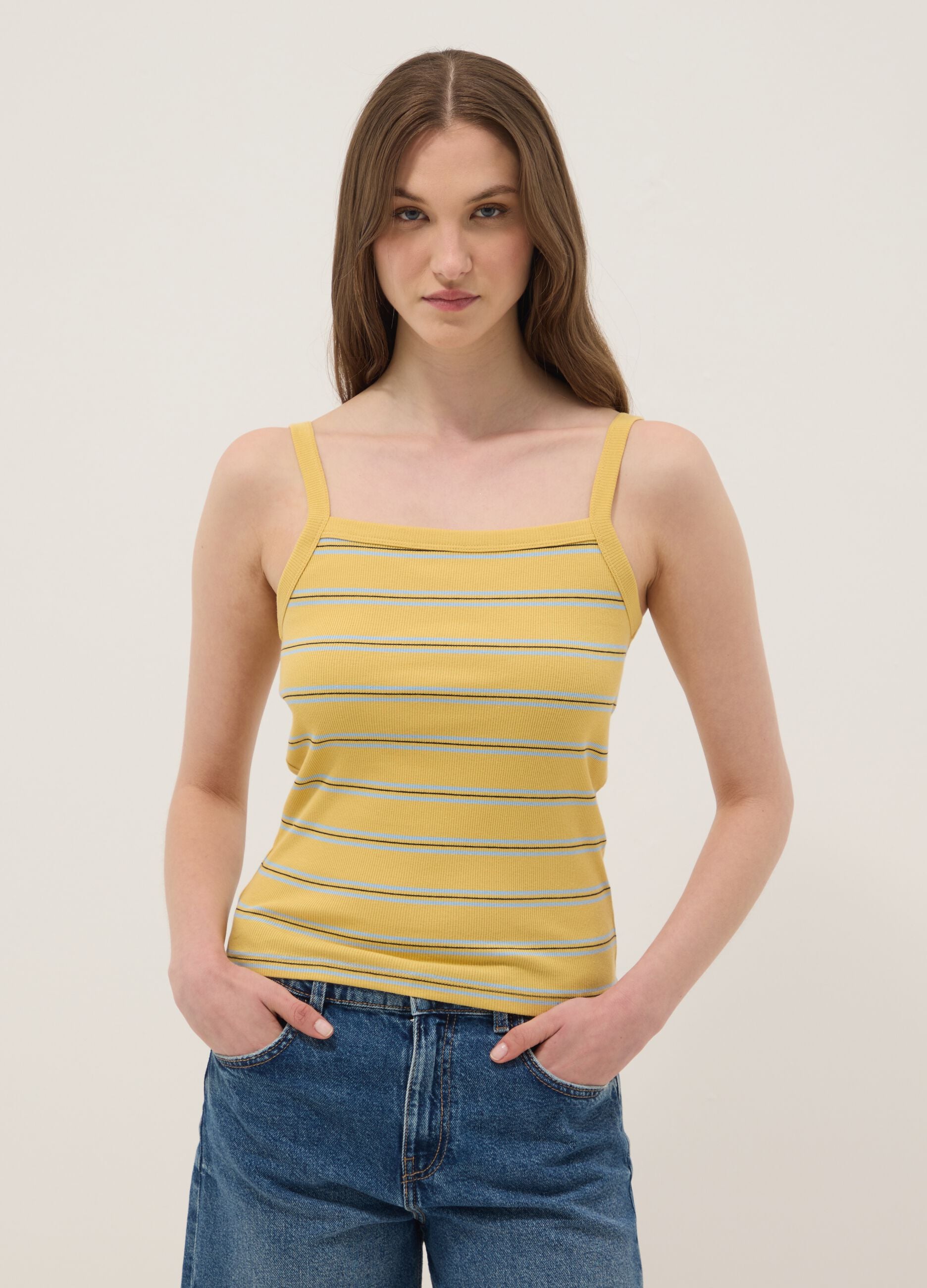 Yellow striped pure cotton regular-fit tank top