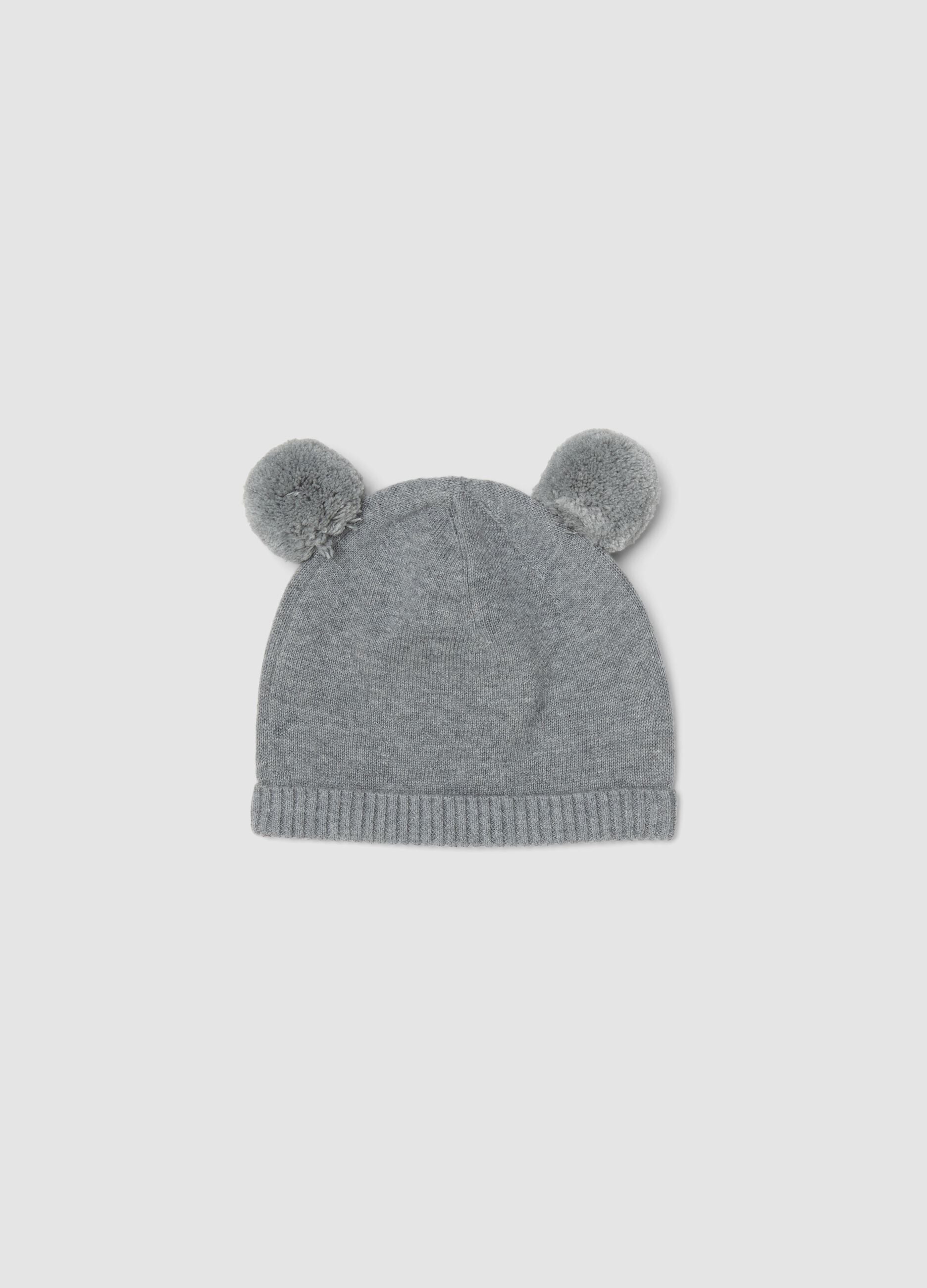 Grey baby hat in pure organic cotton with pom-poms