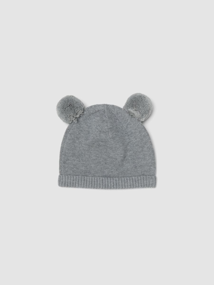 Cappello grigio in puro cotone organico con pompon per neonati_1
