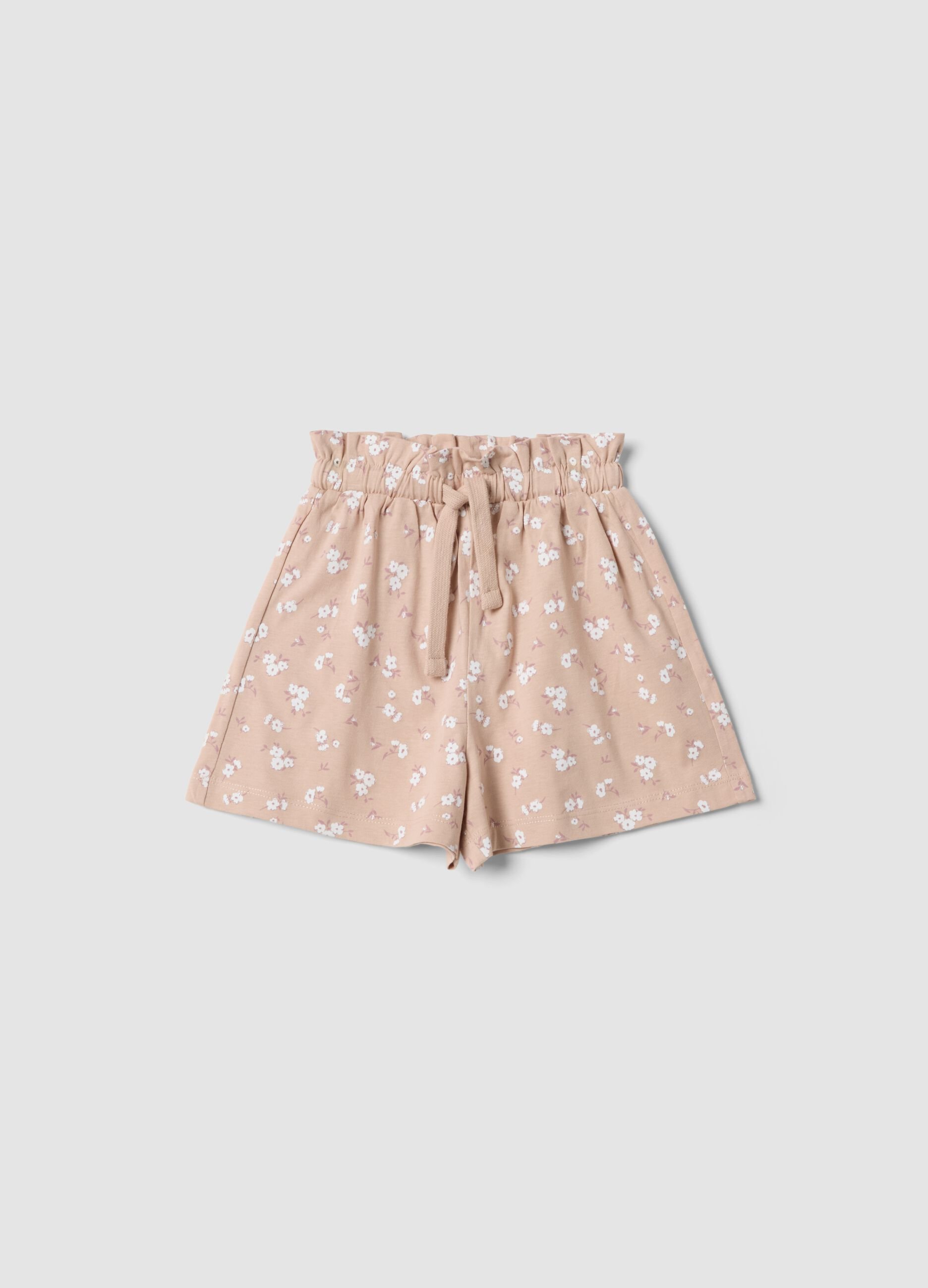 Girls' beige pure cotton shorts with floral print