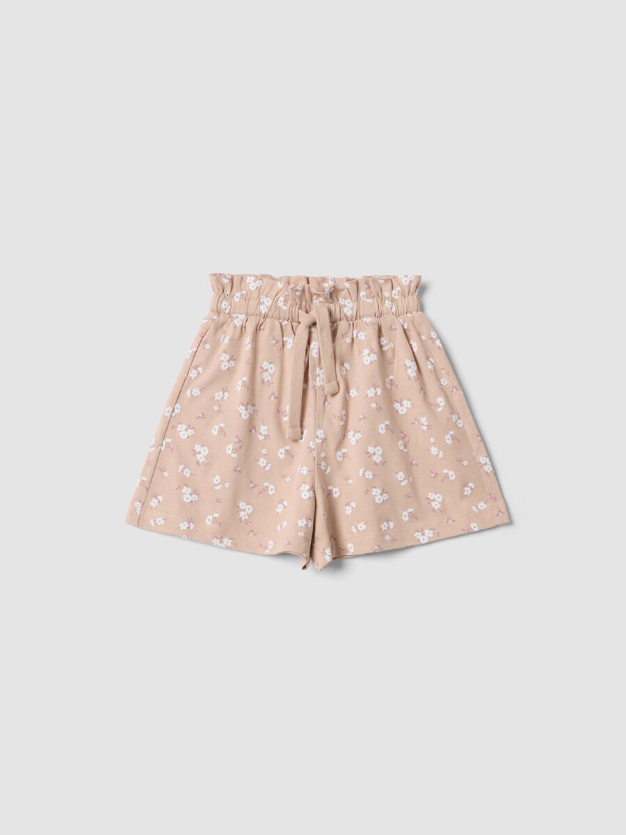 Girls' beige pure cotton shorts with floral print_0