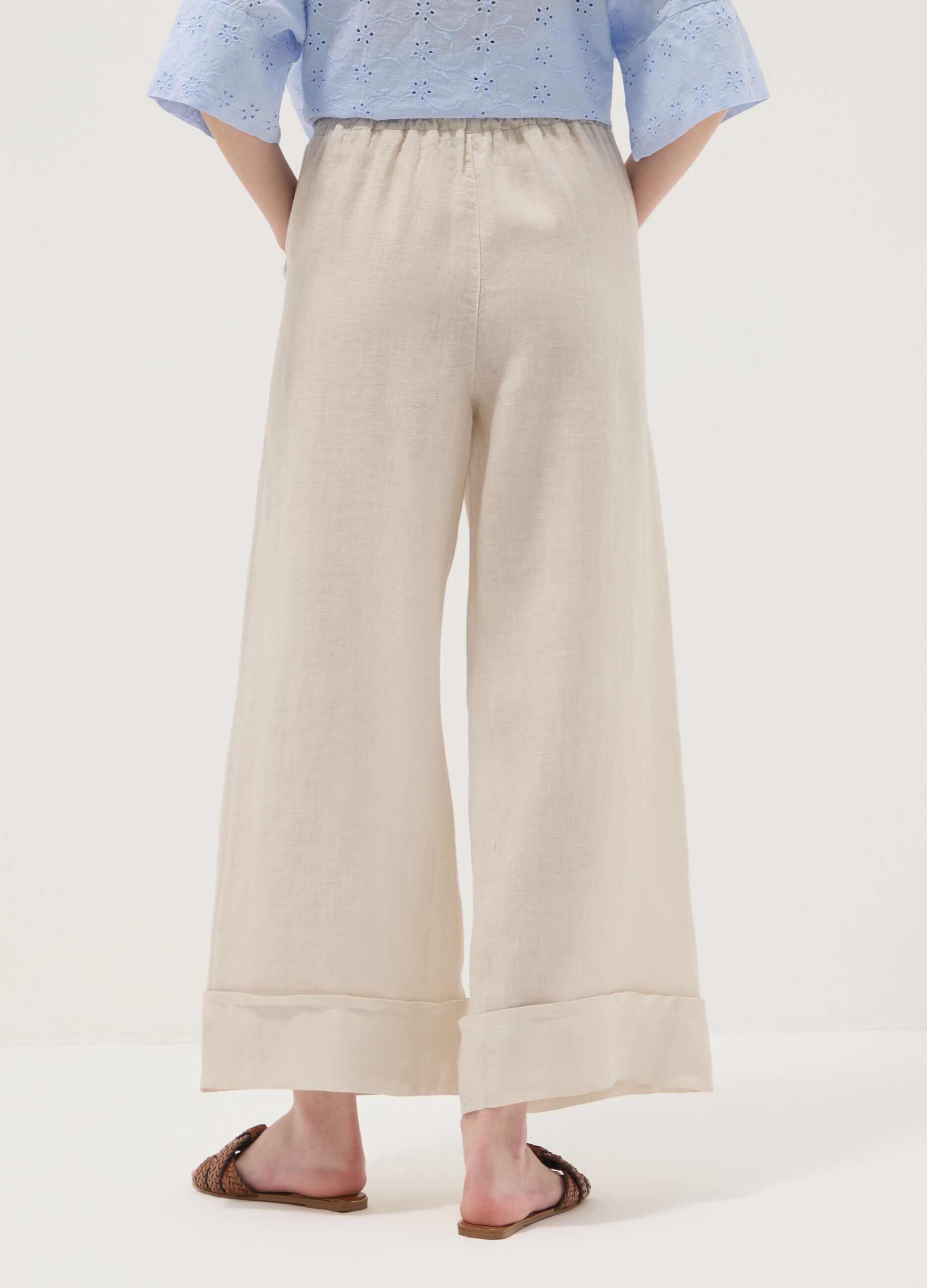 Beige pure linen regular-fit trousers