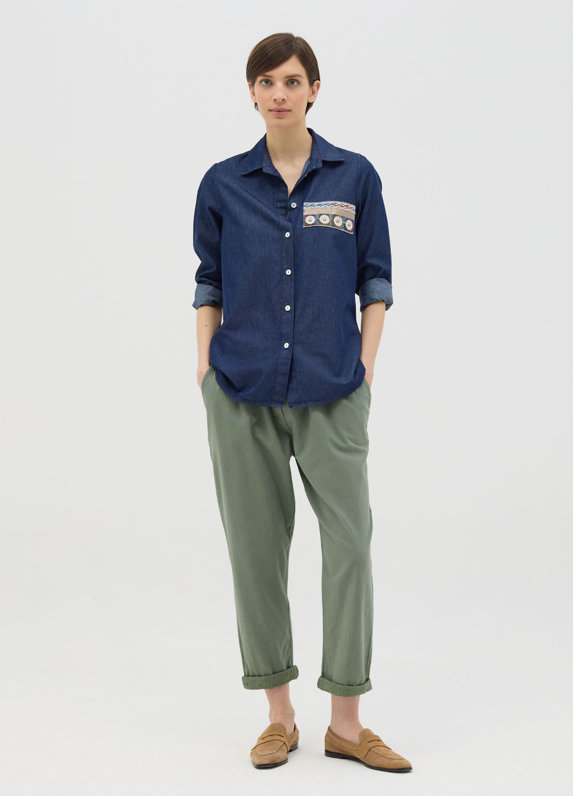 Green Linen and Cotton Hybrid Trousers