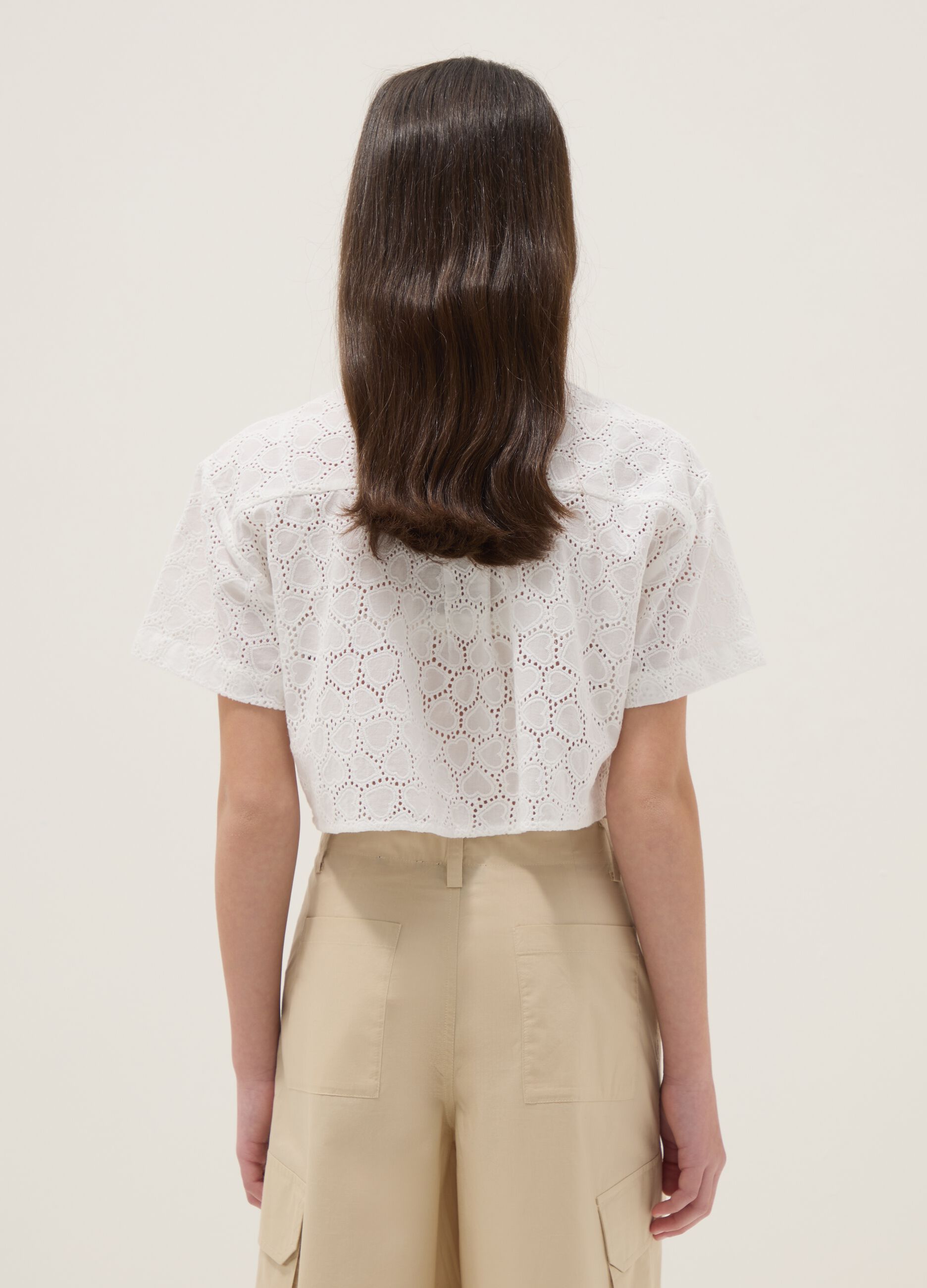 Girls&rsquo; white pure cotton regular-fit shirt with heart cutwork