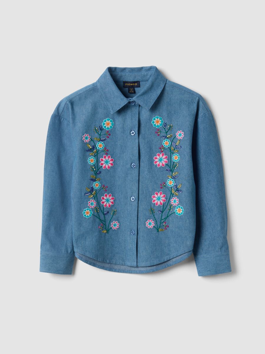 Camicia denim azzurra in puro cotone organico ricamata_0