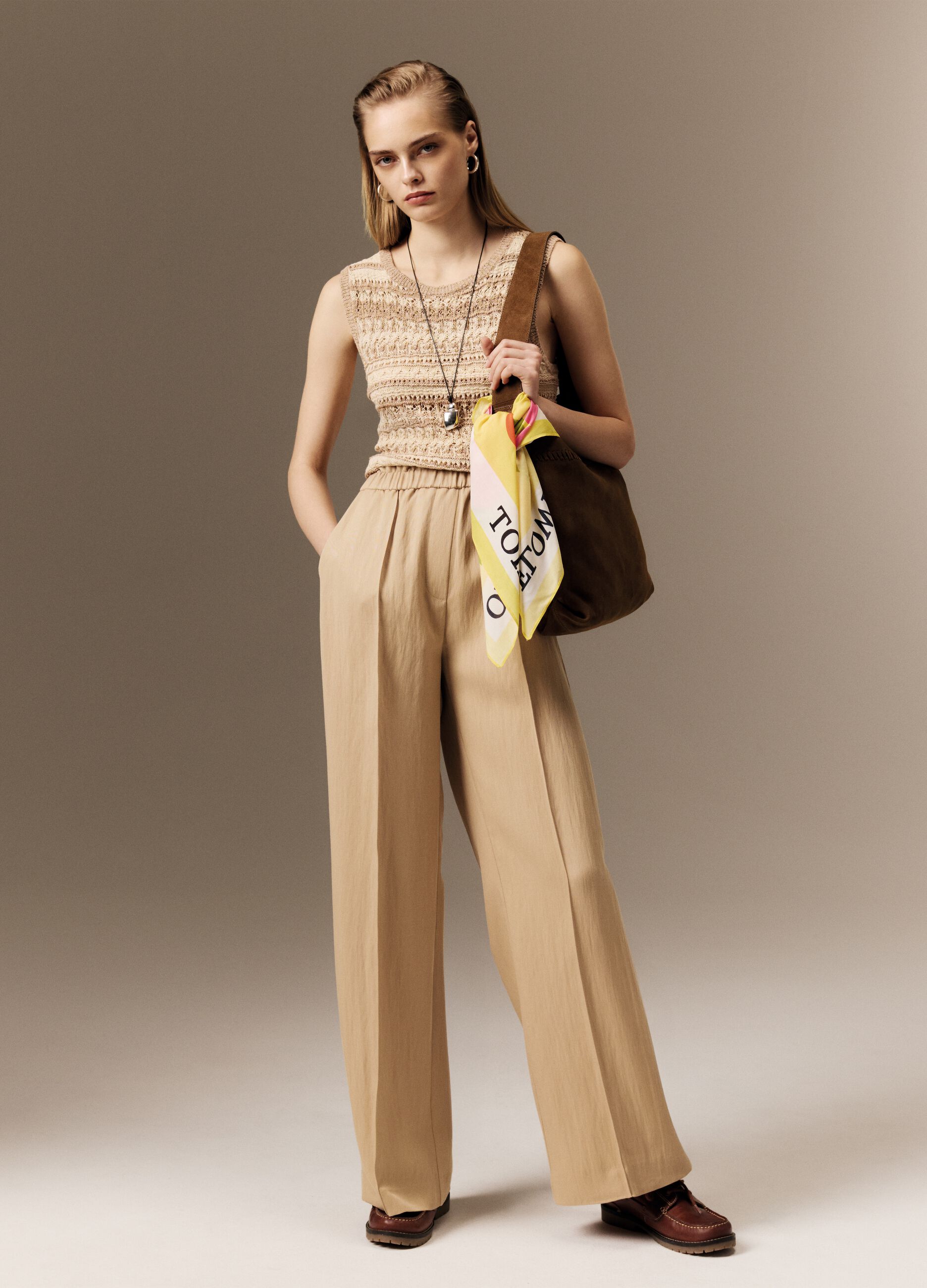 Beige wide leg jogger trousers in Lyocell and viscose blend