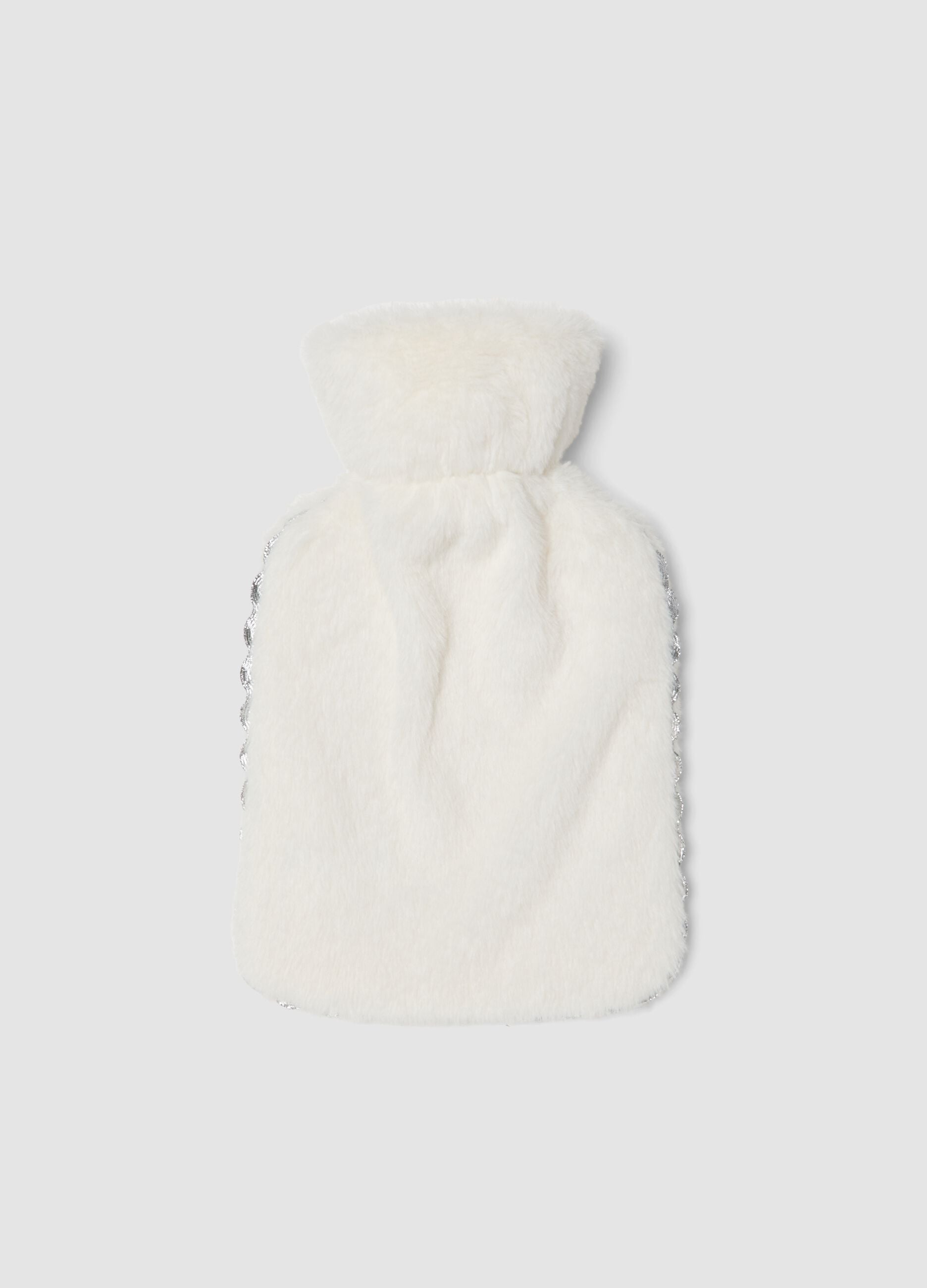 White teddy-effect hot water bottle with embroidered detail
