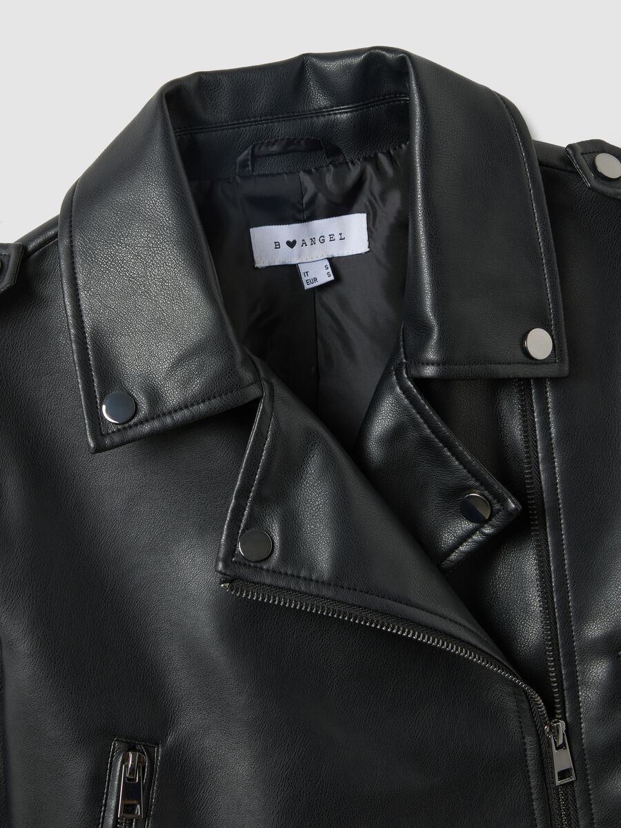 Black biker jacket regular fit with metallic details and diagonal zip_5