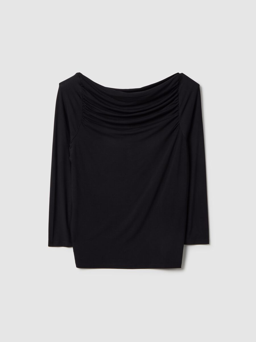 Maglia lunga in viscosa elasticizzata nera regular fit con collo a barca_4