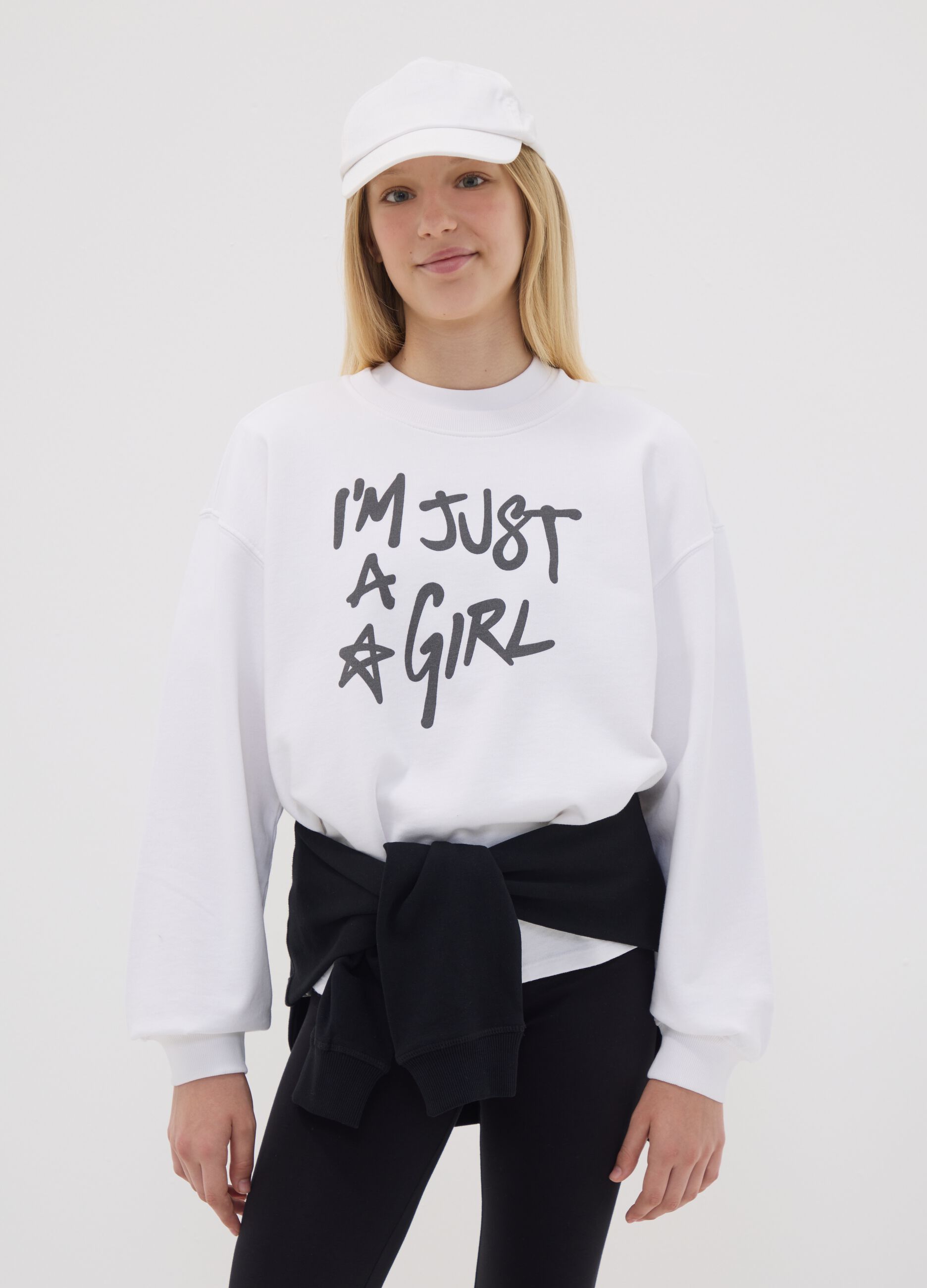 White pure cotton sweatshirt with front slogan, relaxed fit for girls