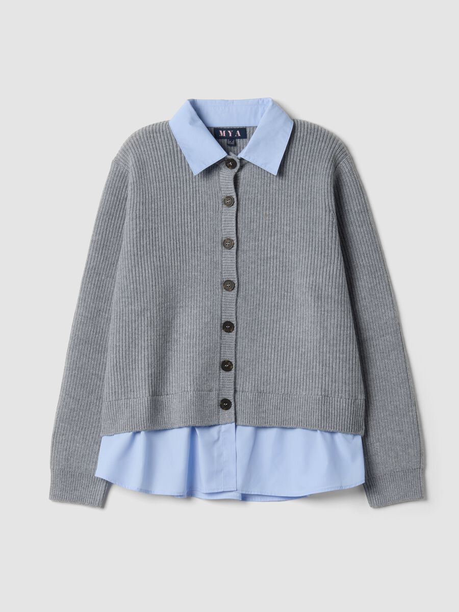 Cardigan grigio con colletto regular fit a coste effetto doppio strato_4