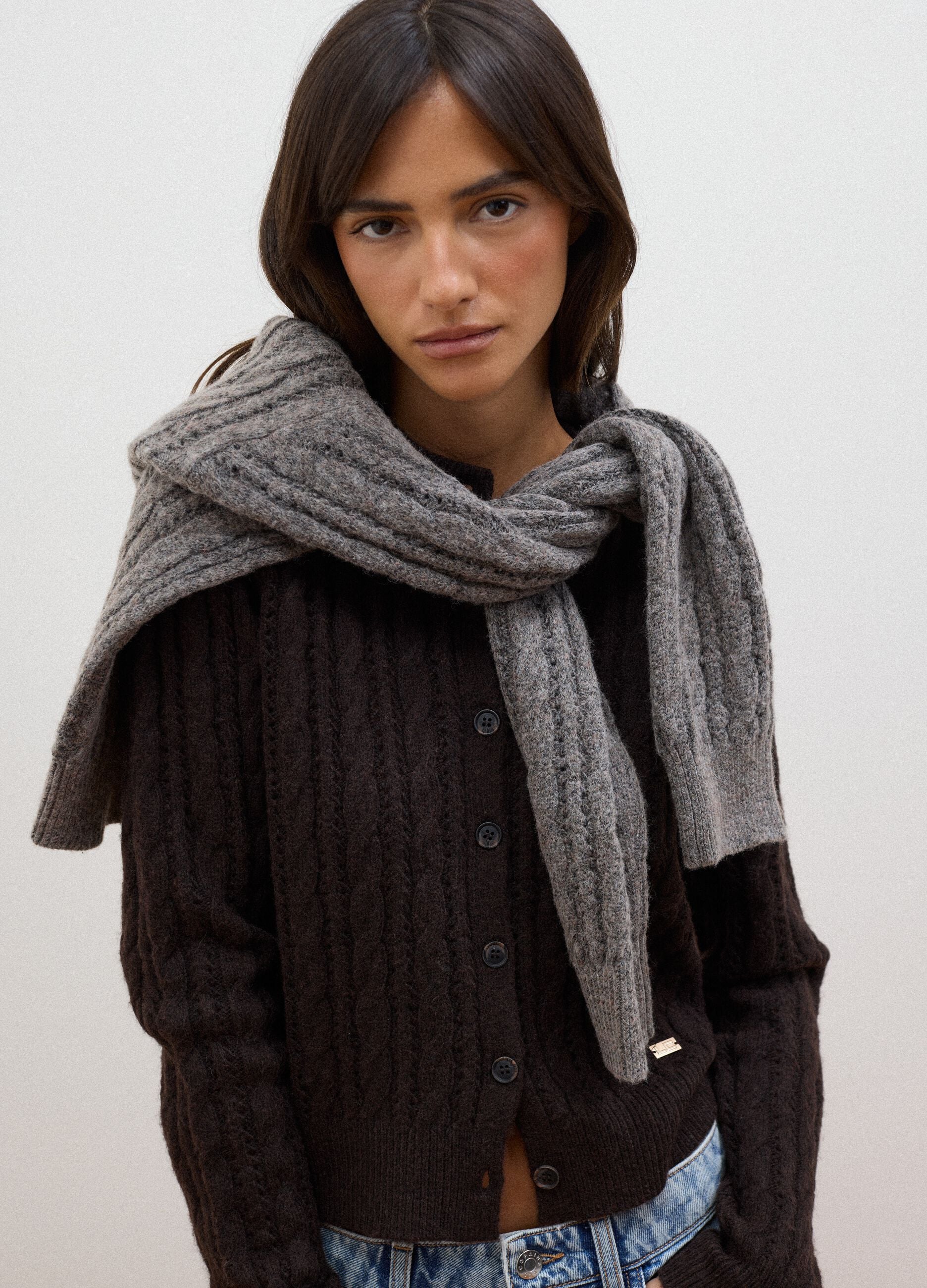Brown cable-knit wool-blend cardigan