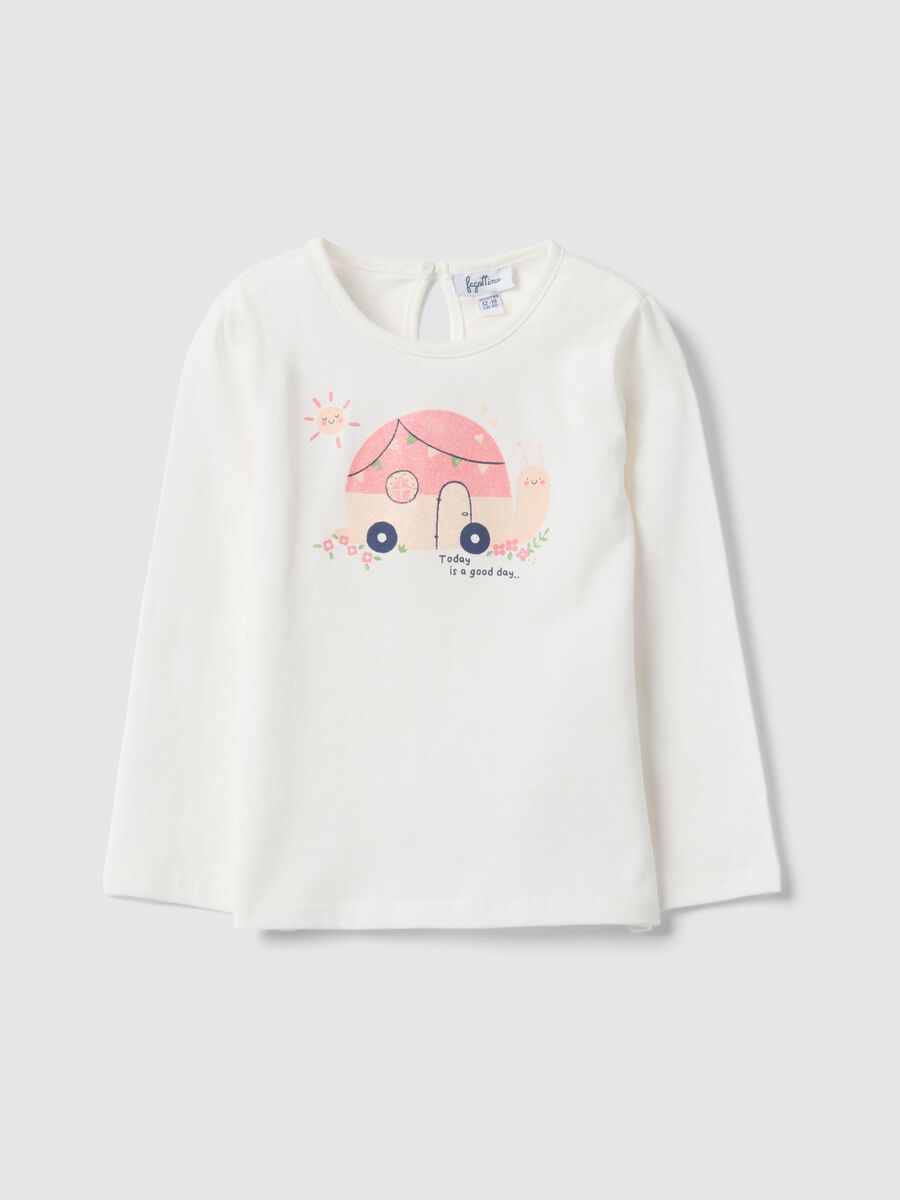 T-shirt a maniche lunghe in puro cotone bianca da bimba con stampe_0