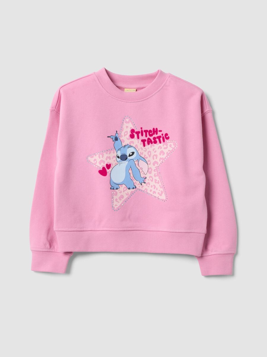 Felpa rosa in misto cotone con stampa frontale Lilo & Stitch per bambina_0
