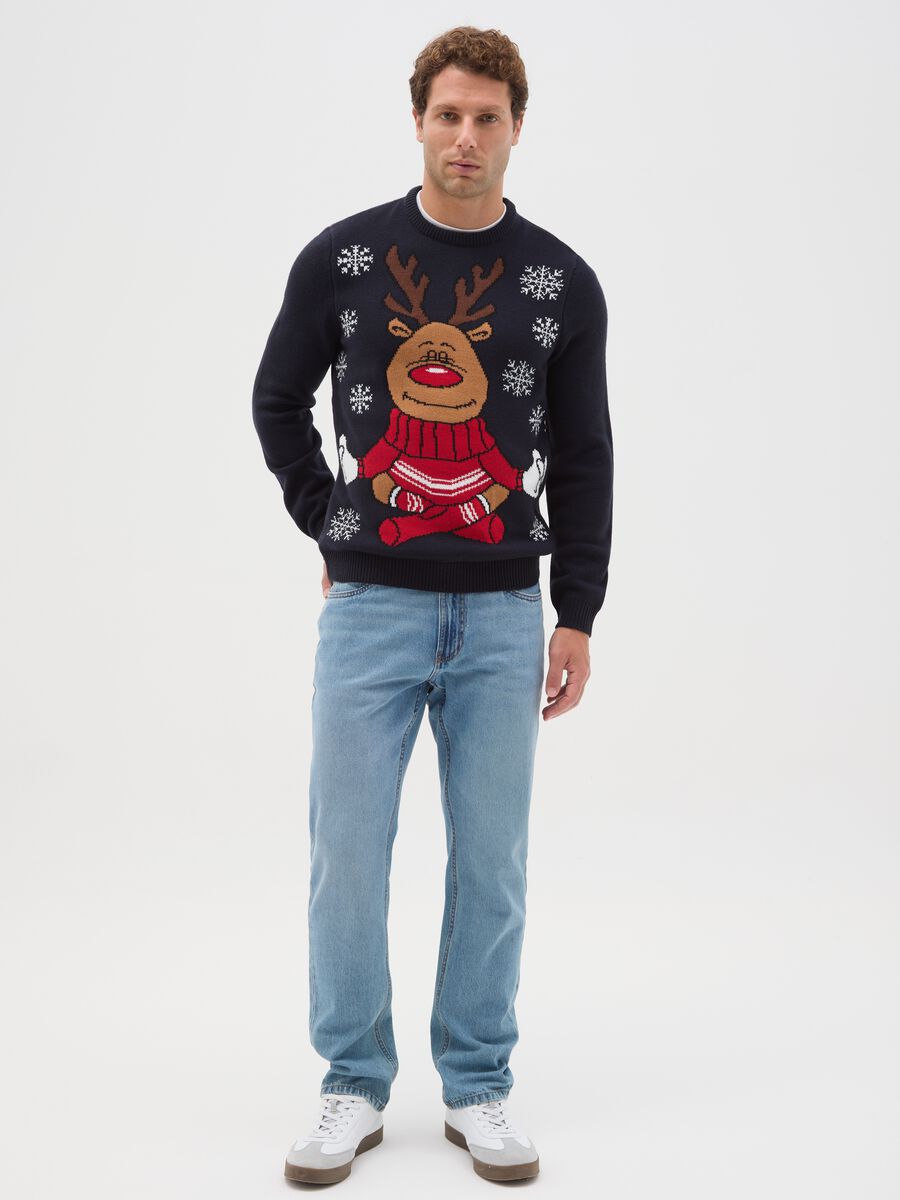 Blue regular fit Christmas jumper with reindeer embroidery_1