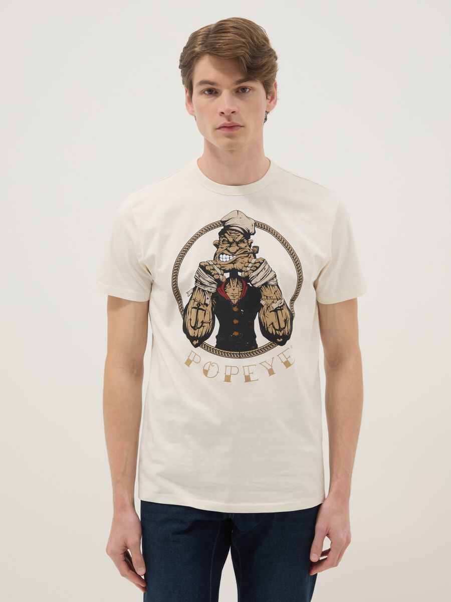 Beige regular fit pure cotton t-shirt with Popeye print_0
