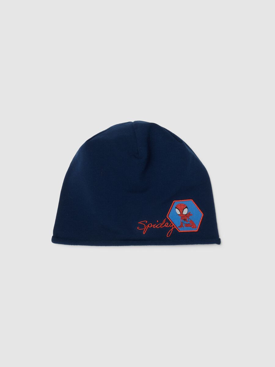 Blue stretch cotton toddler hat with Spiderman design_0