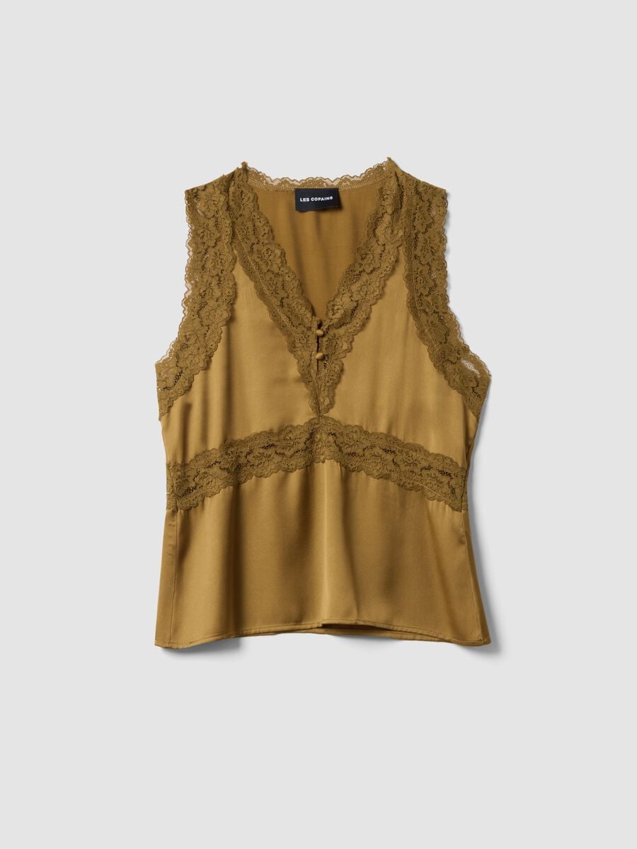 Brown viscose-blend lace top_0