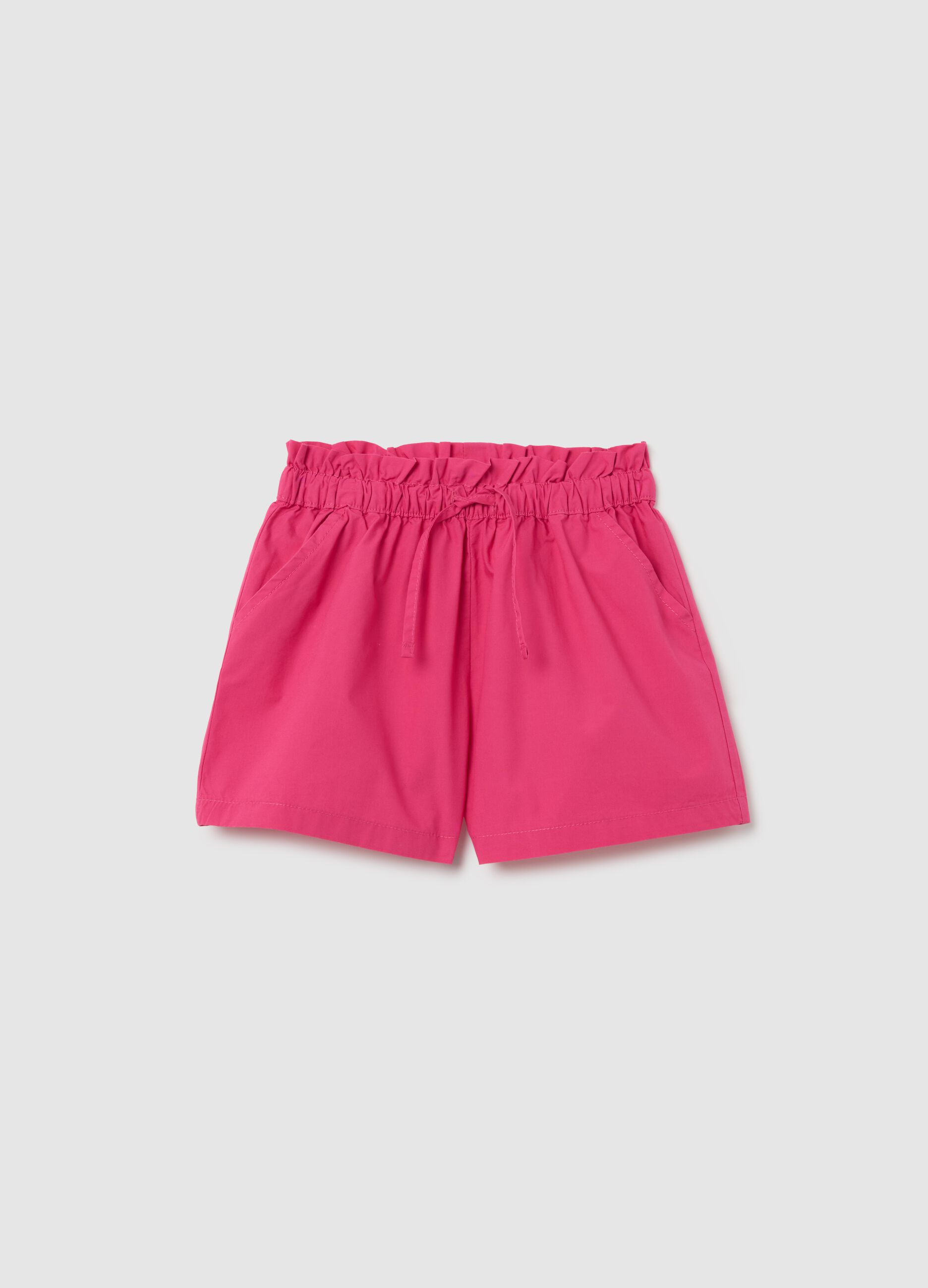 Girls' regular fit pink pure cotton shorts with ruched waistband