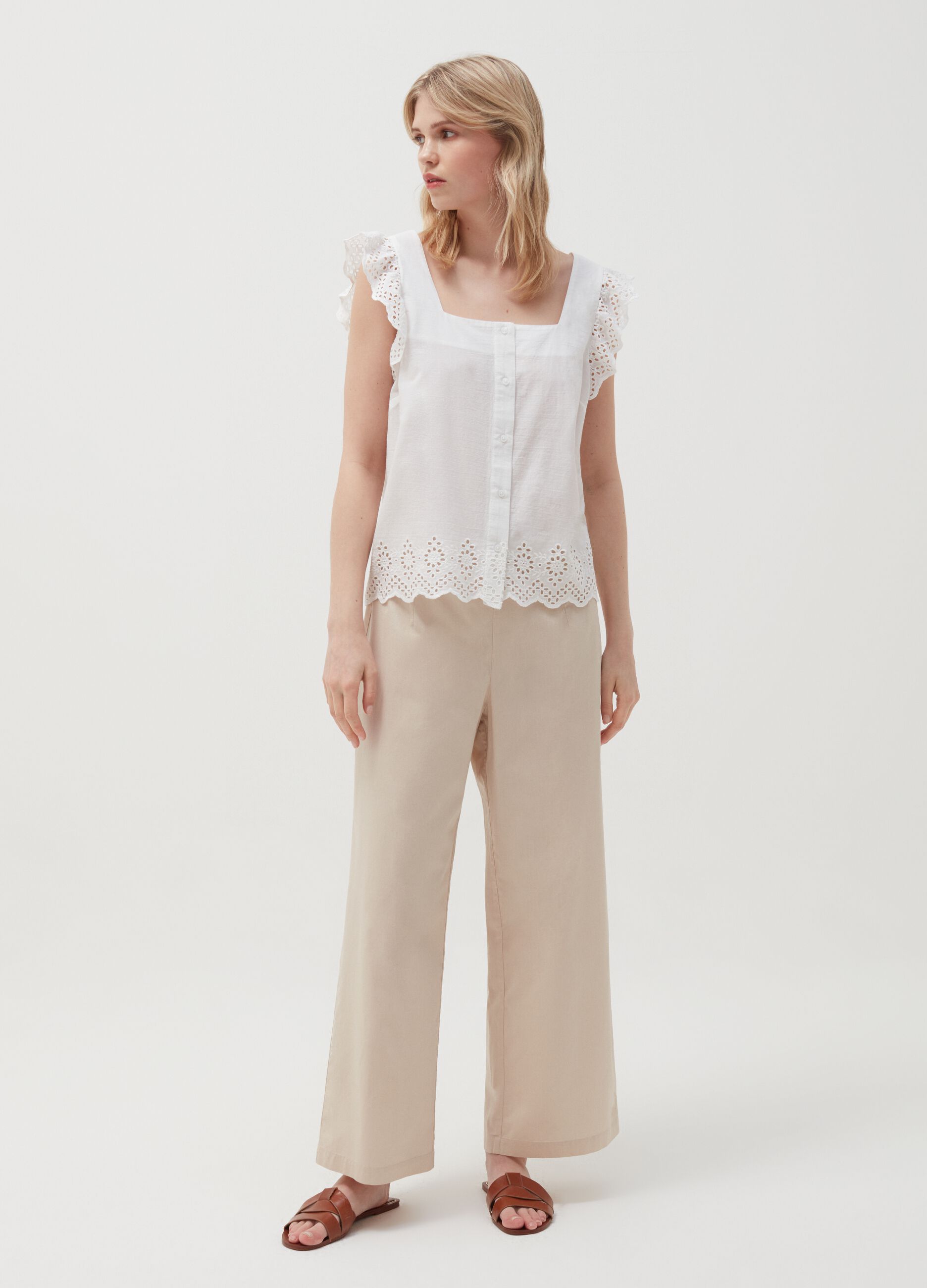 Pantaloni wide leg in cotone_0