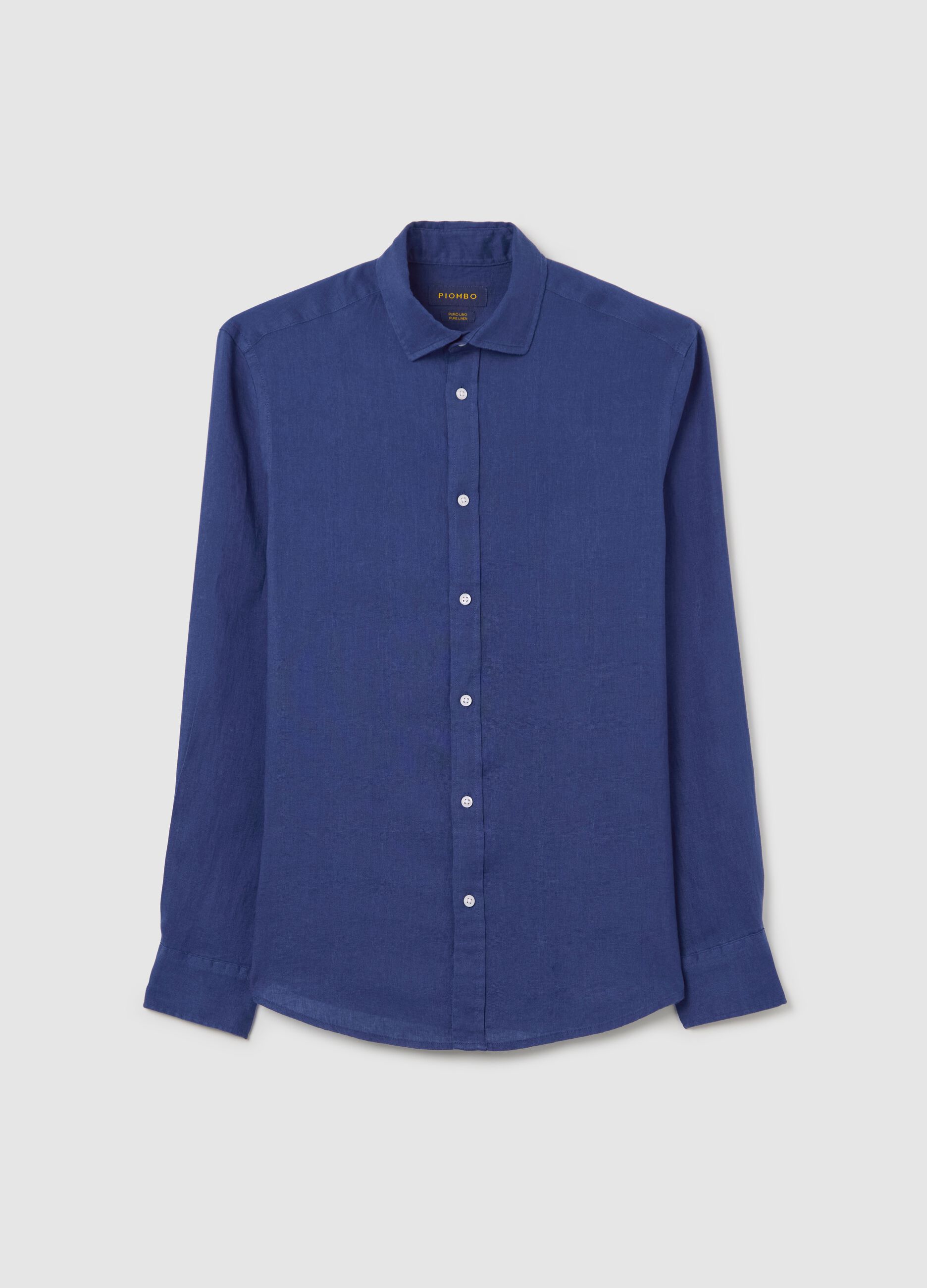 Camicia da uomo in puro lino blu regular fit con collo classico