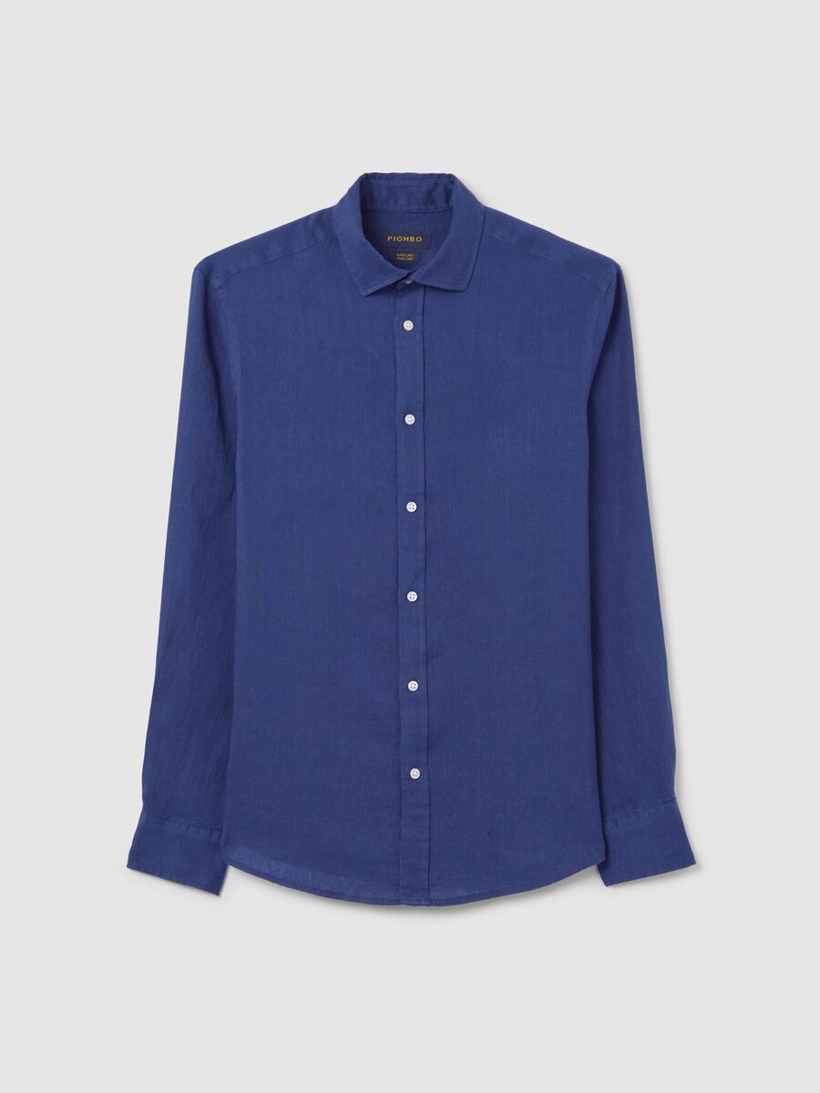 Piombo Long Sleeve Blue Linen Shirt_4