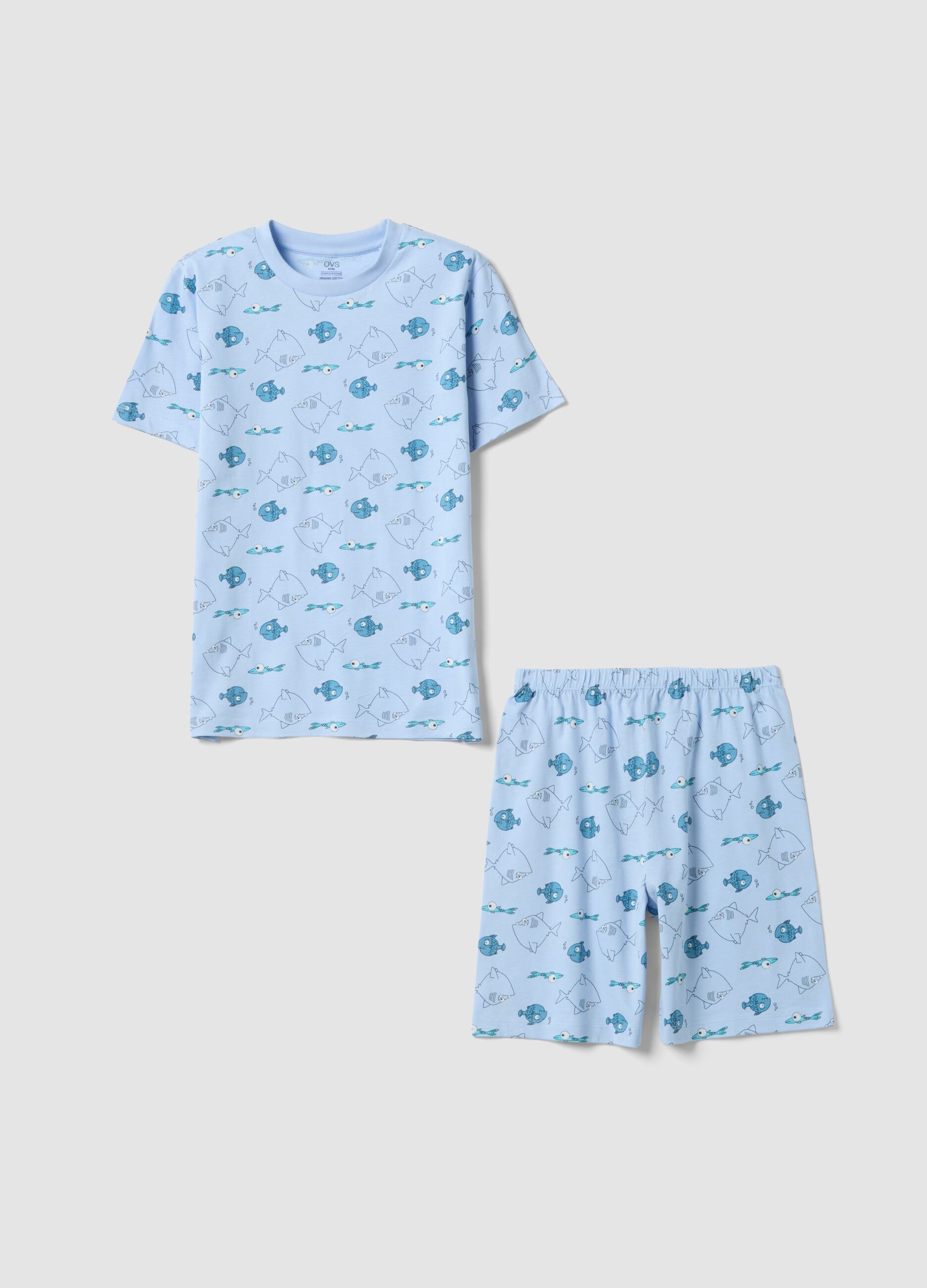 Blue pure organic cotton boys&rsquo; pyjamas with fish print