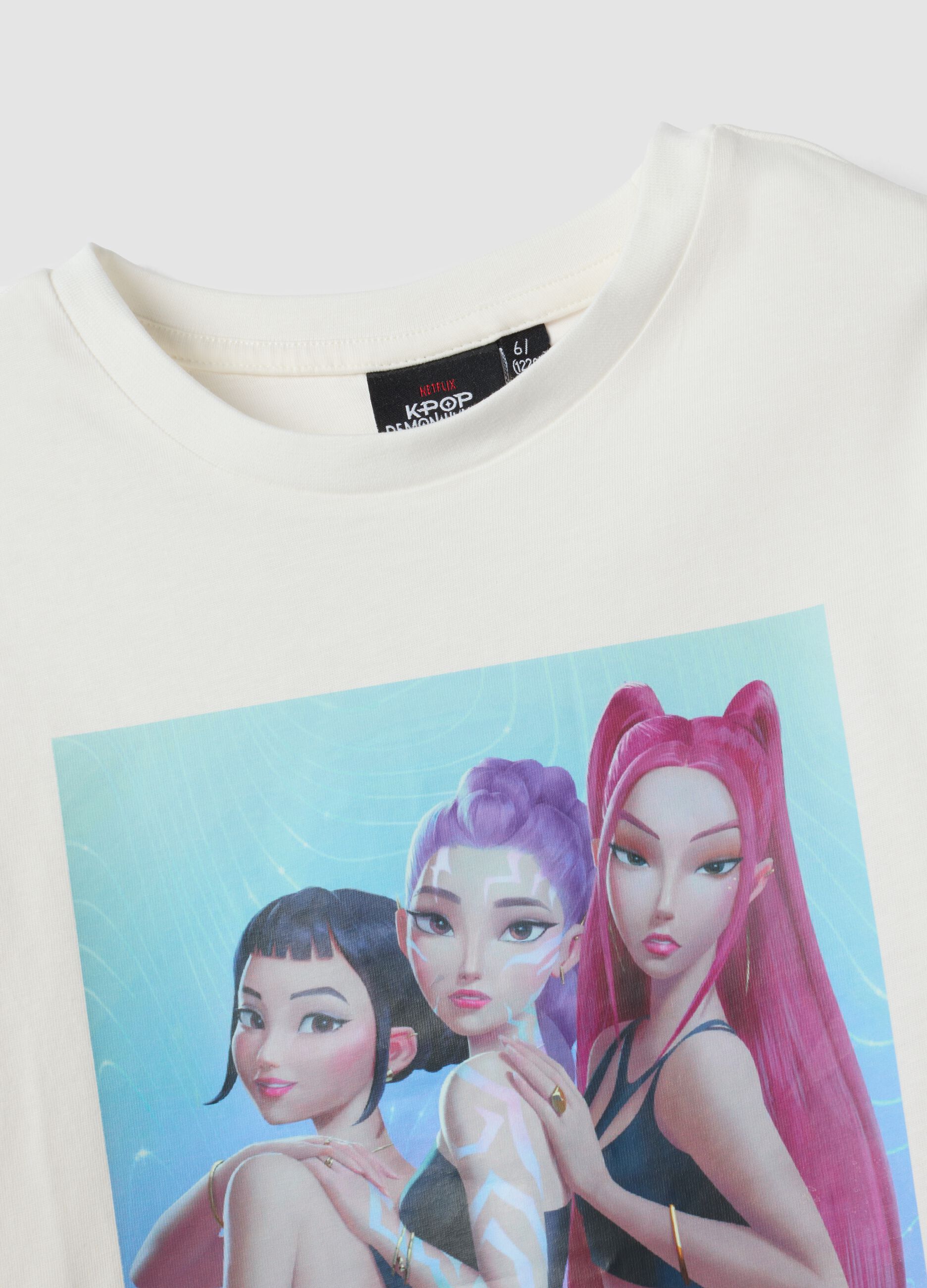 White pure cotton T-shirt with K-Pop Demon Hunters print for girls