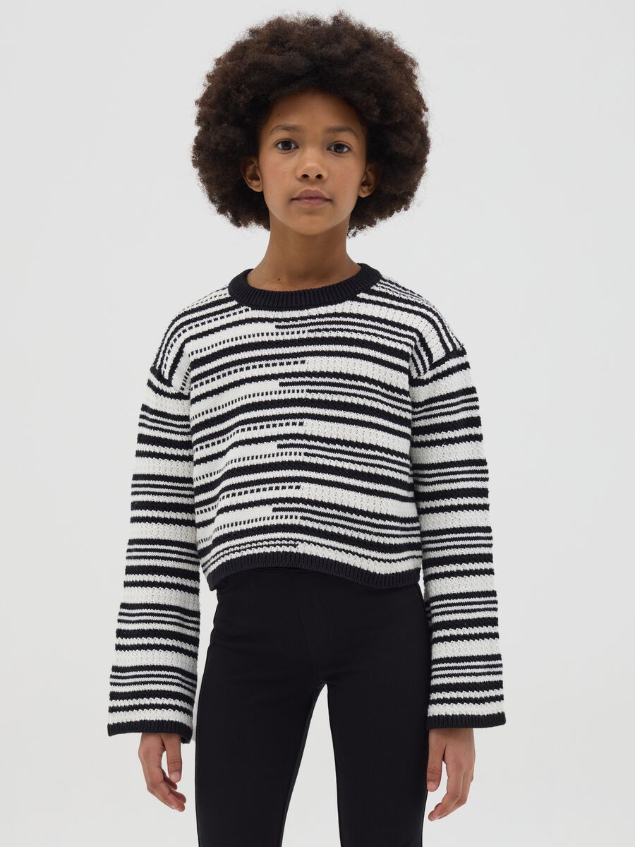 Crop pullover in cotton with striped design_0