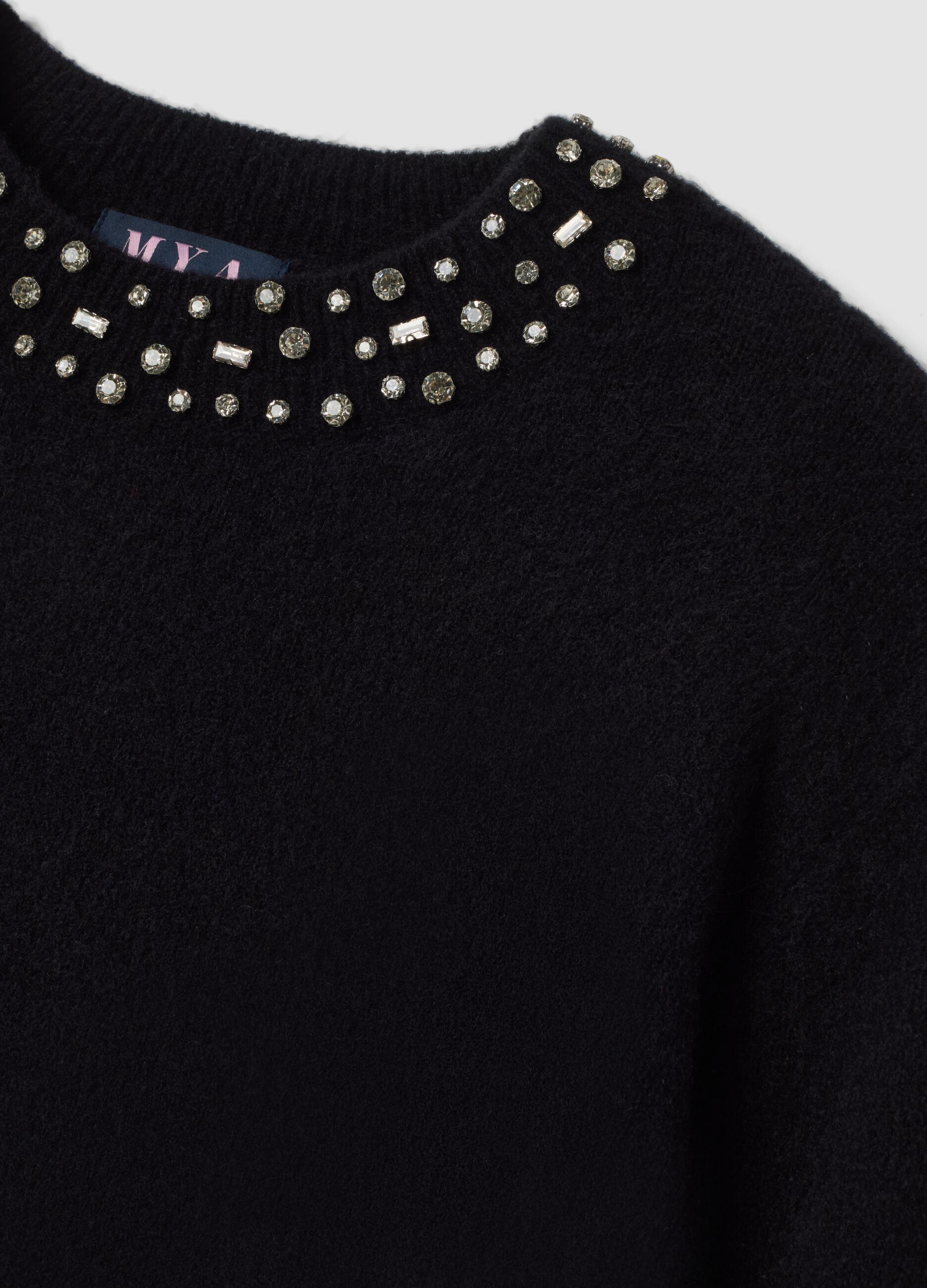 Black stretch wool-blend jumper with rhinestones, regular fit