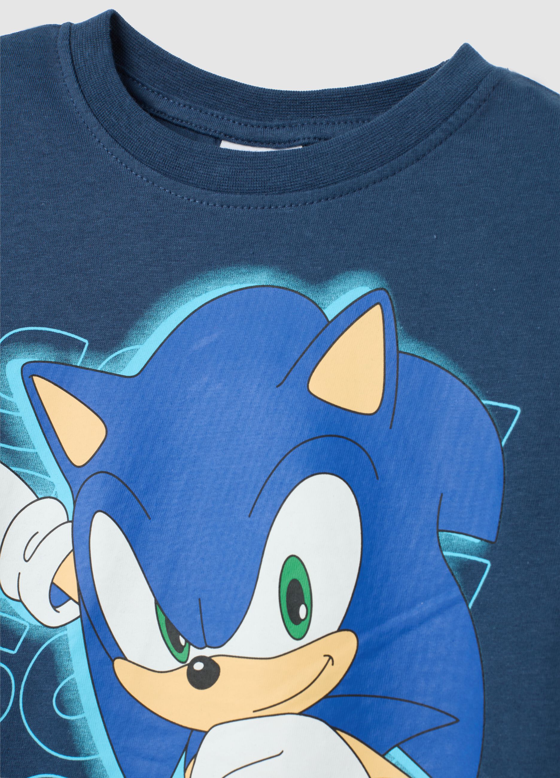 T-shirt da bambino in puro cotone blu regular fit con stampa Sonic