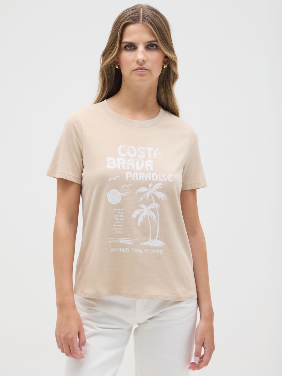 Women's beige pure cotton T-shirt regular fit_0