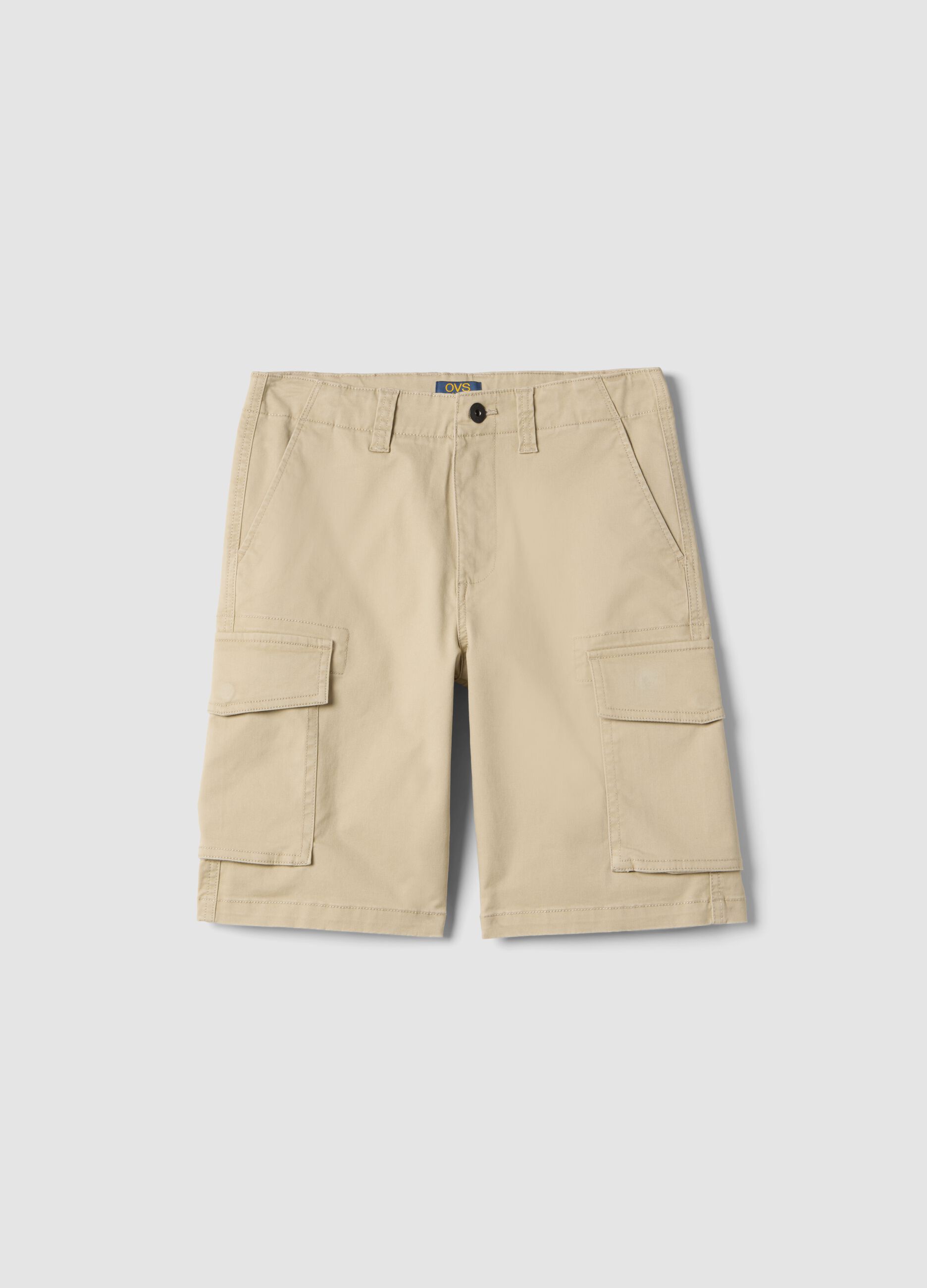 Beige stretch cotton cargo shorts for boys with regular fit