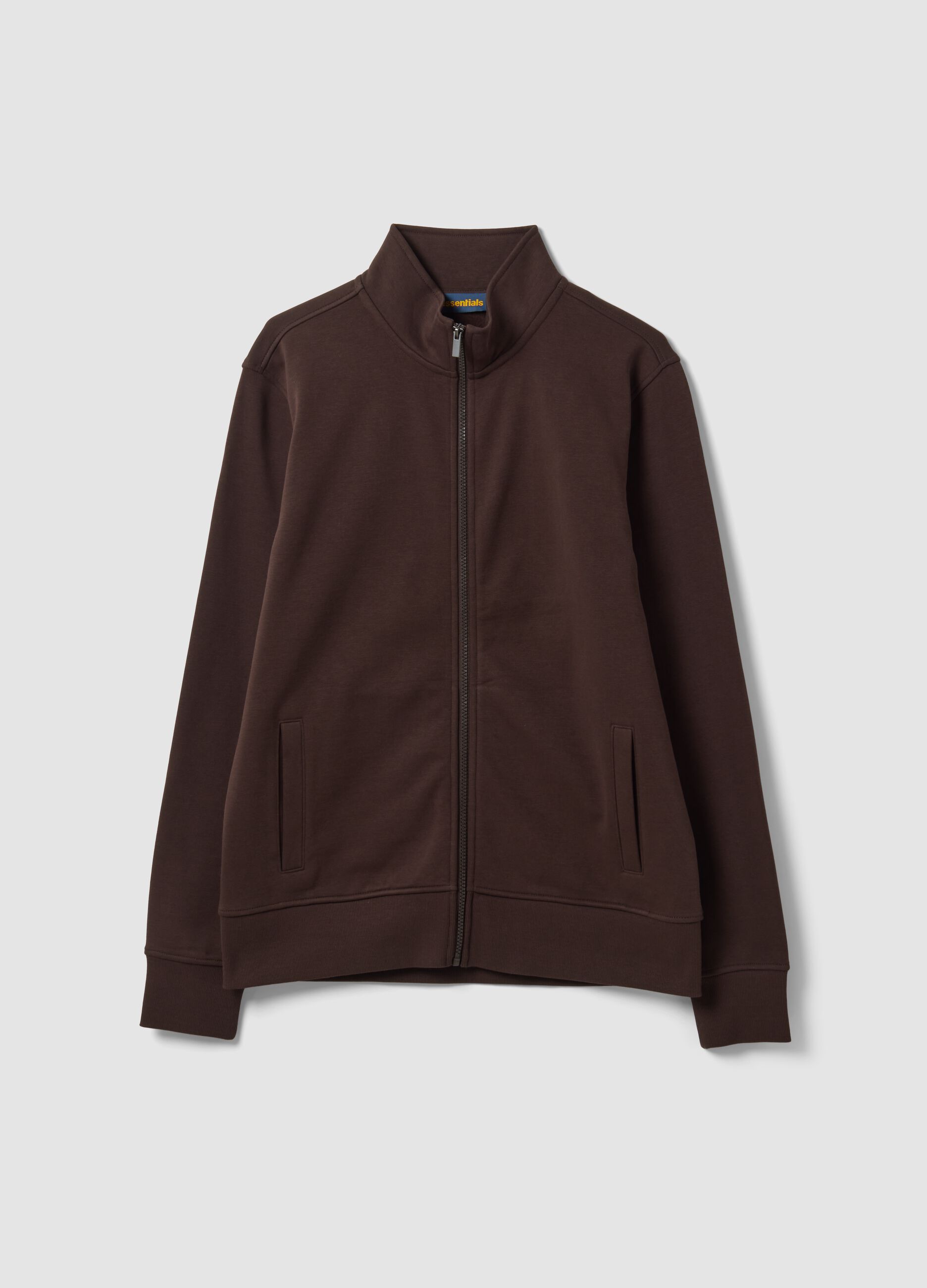 Felpa marrone in misto cotone con girocollo e zip regular fit