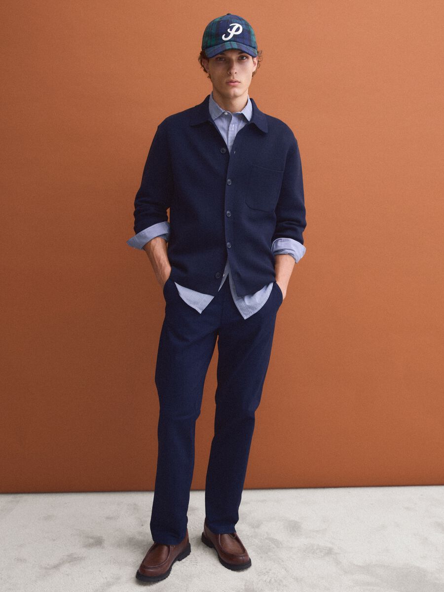 Cardigan blu con colletto in misto cotone regular fit_2