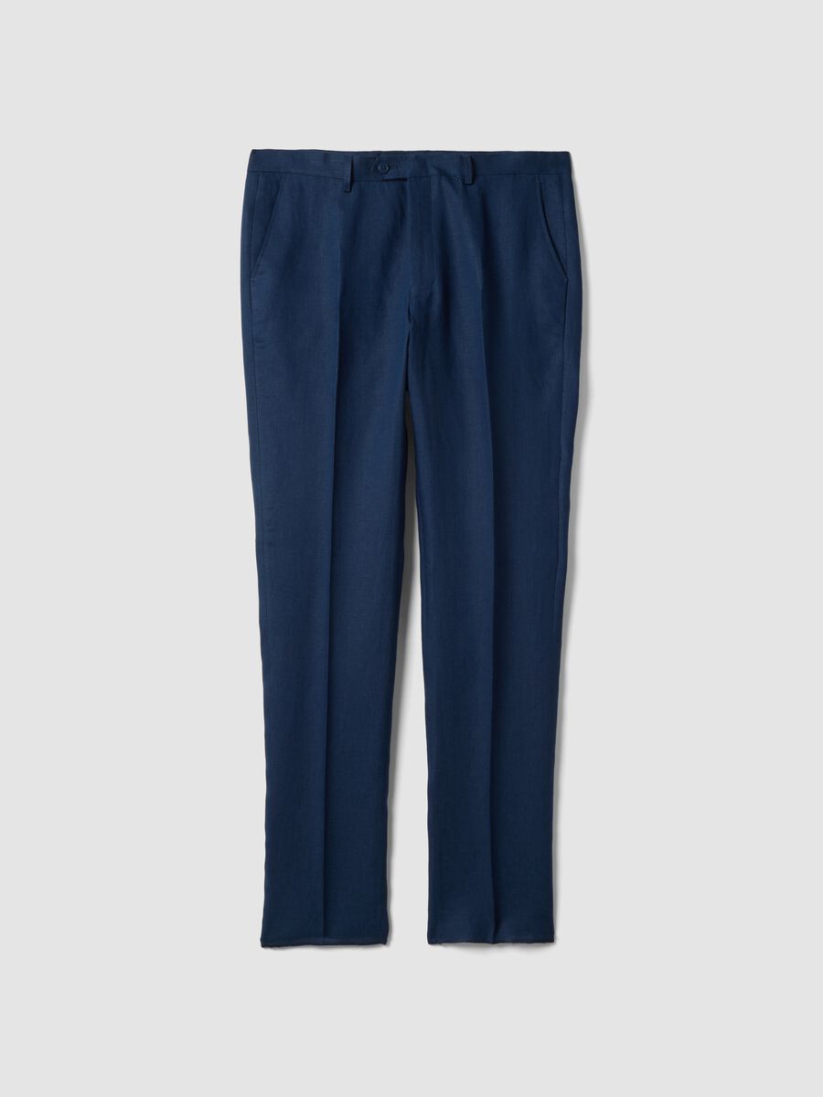 Pantaloni formali in puro lino blu slim fit_0