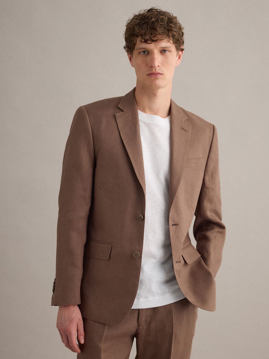 Blazer in puro lino marrone slim fit_0
