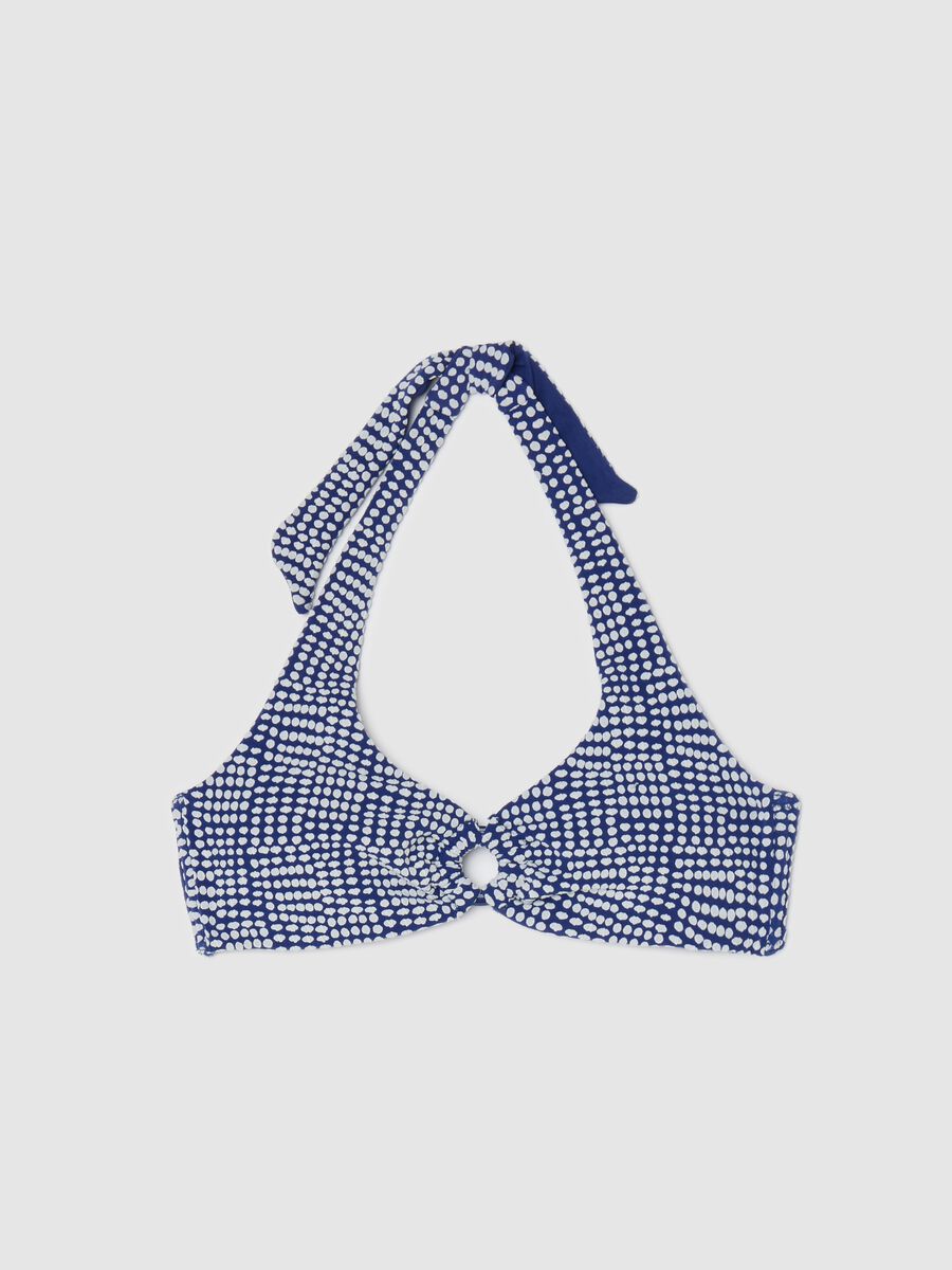 Blue bikini top with halter neck and geometric pattern_0