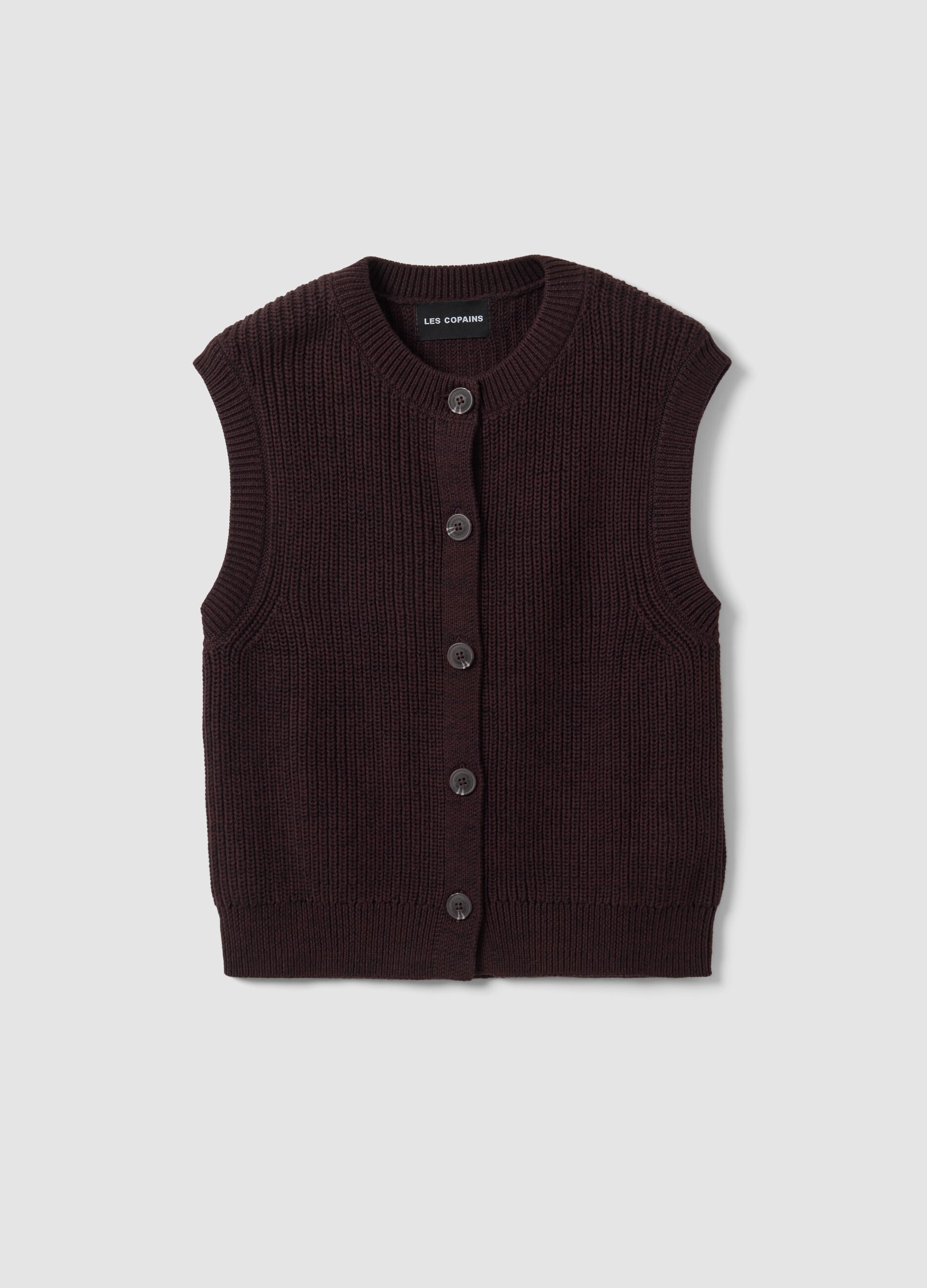 Brown pure cotton knitted vest with crew neck, regular fit