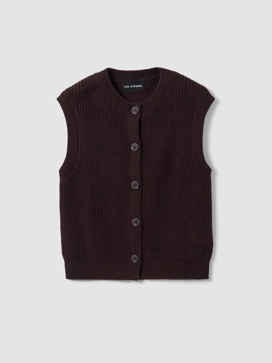 Brown pure cotton knitted vest with crew neck, regular fit_4