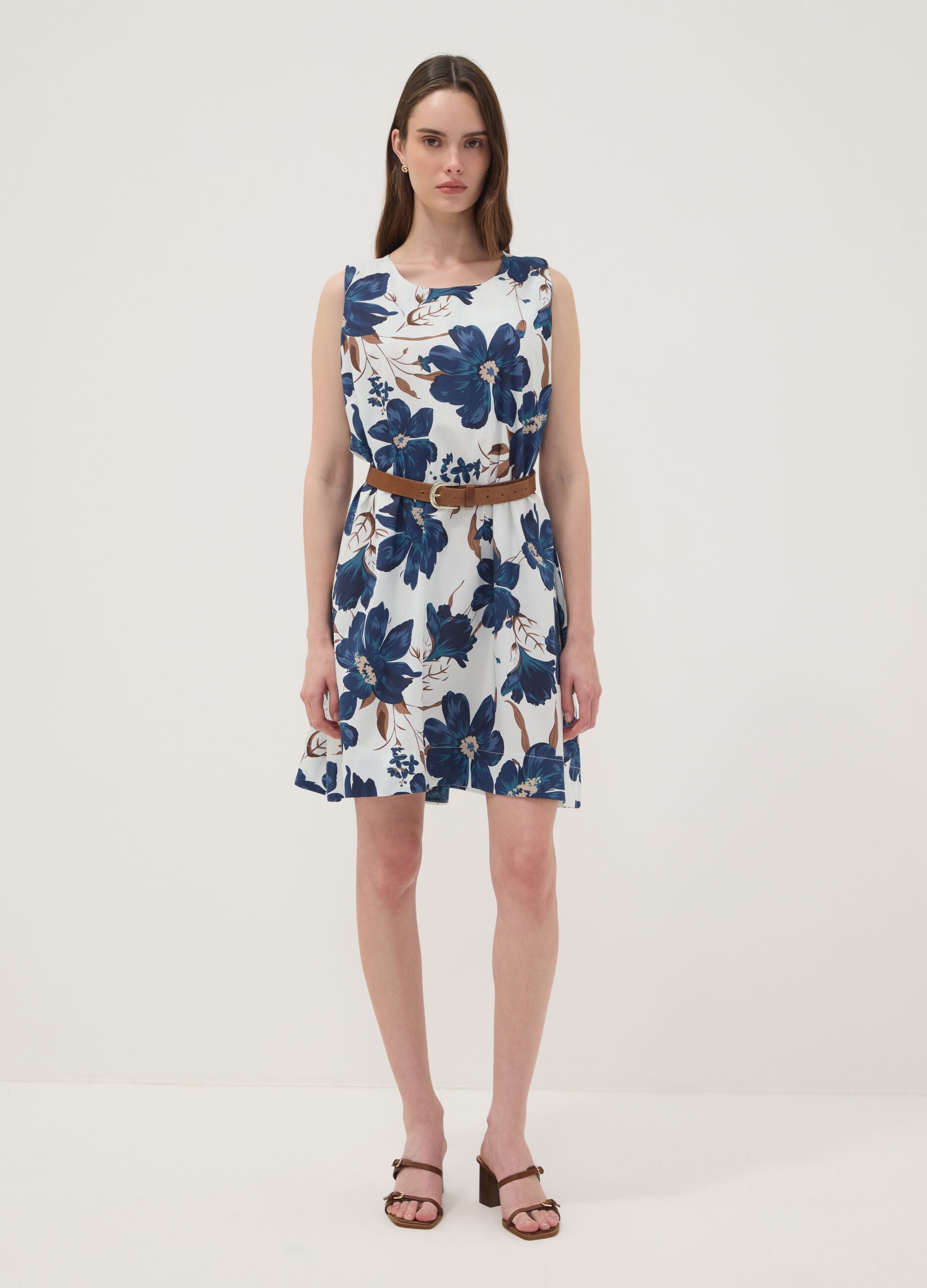 White stretch cotton dress with floral print, regular fit